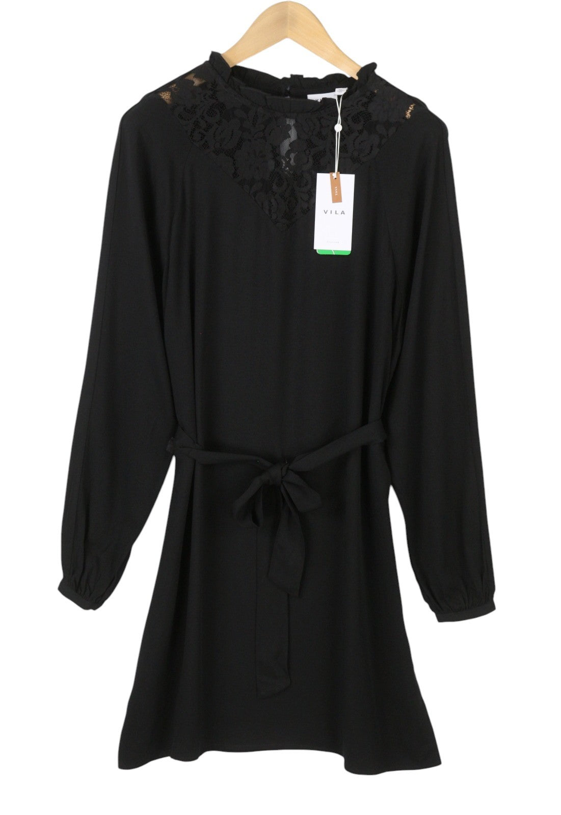 VILA Suvita L/S Lace Women Dress EU40 L Tall Black Belted Long Sleeve Mini