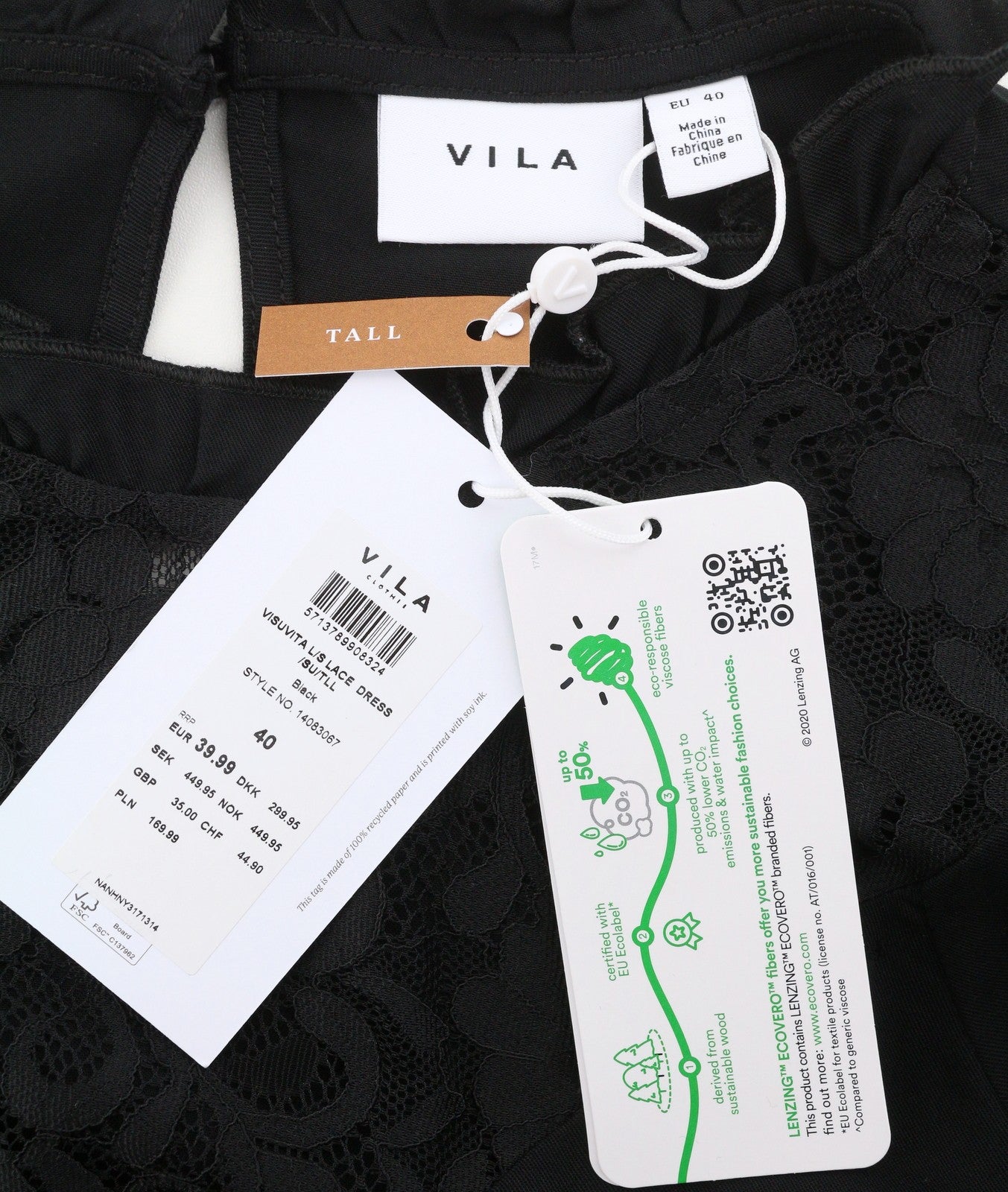 VILA Suvita L/S Lace Women Dress EU40 L Tall Black Belted Long Sleeve Mini