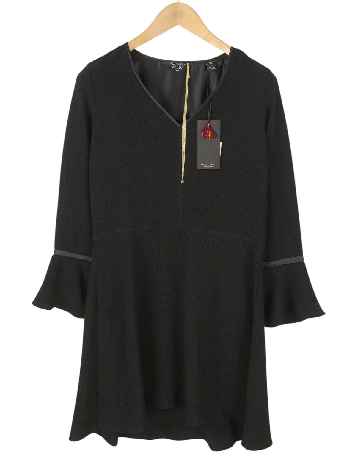 MAISON SCOTCH Women Dress XS Black V-Neck Flare Bell Long Sleeved Knee-Length