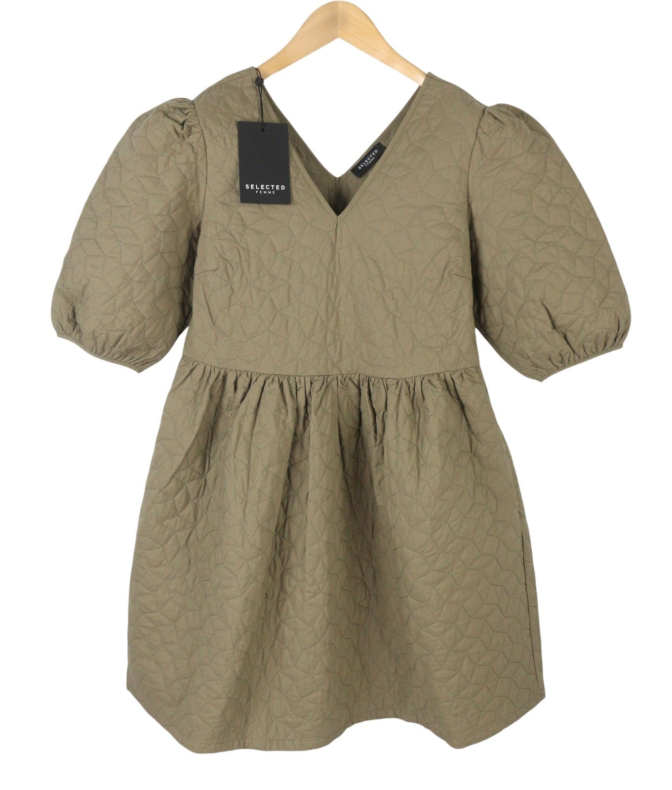 SELECTED Julia 2/4 Quilt Women Dress EU36 S Olive Night Textured Puffs Sleeves