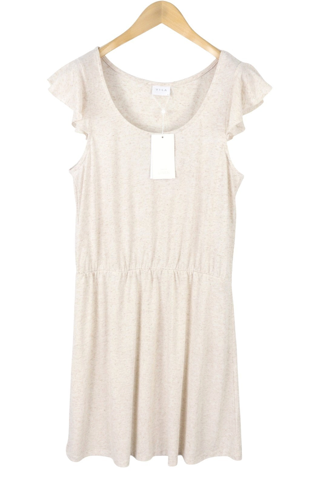 VILA Baria Flounce Women Dress XL Melange Linen Blend Round Neck Knee-Length