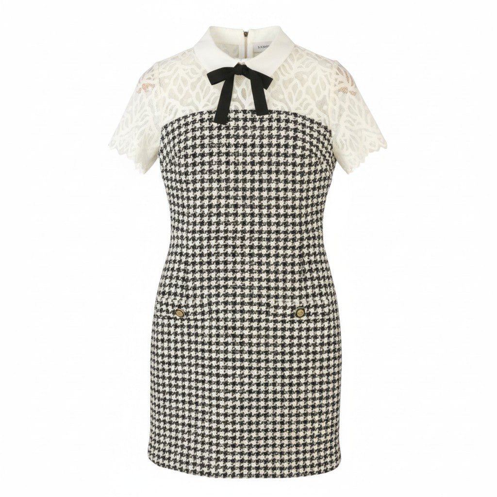 SANDRO Rozeana Women Dress EU36 S Houndstooth Lace Panelled Tweed Mini RRP325