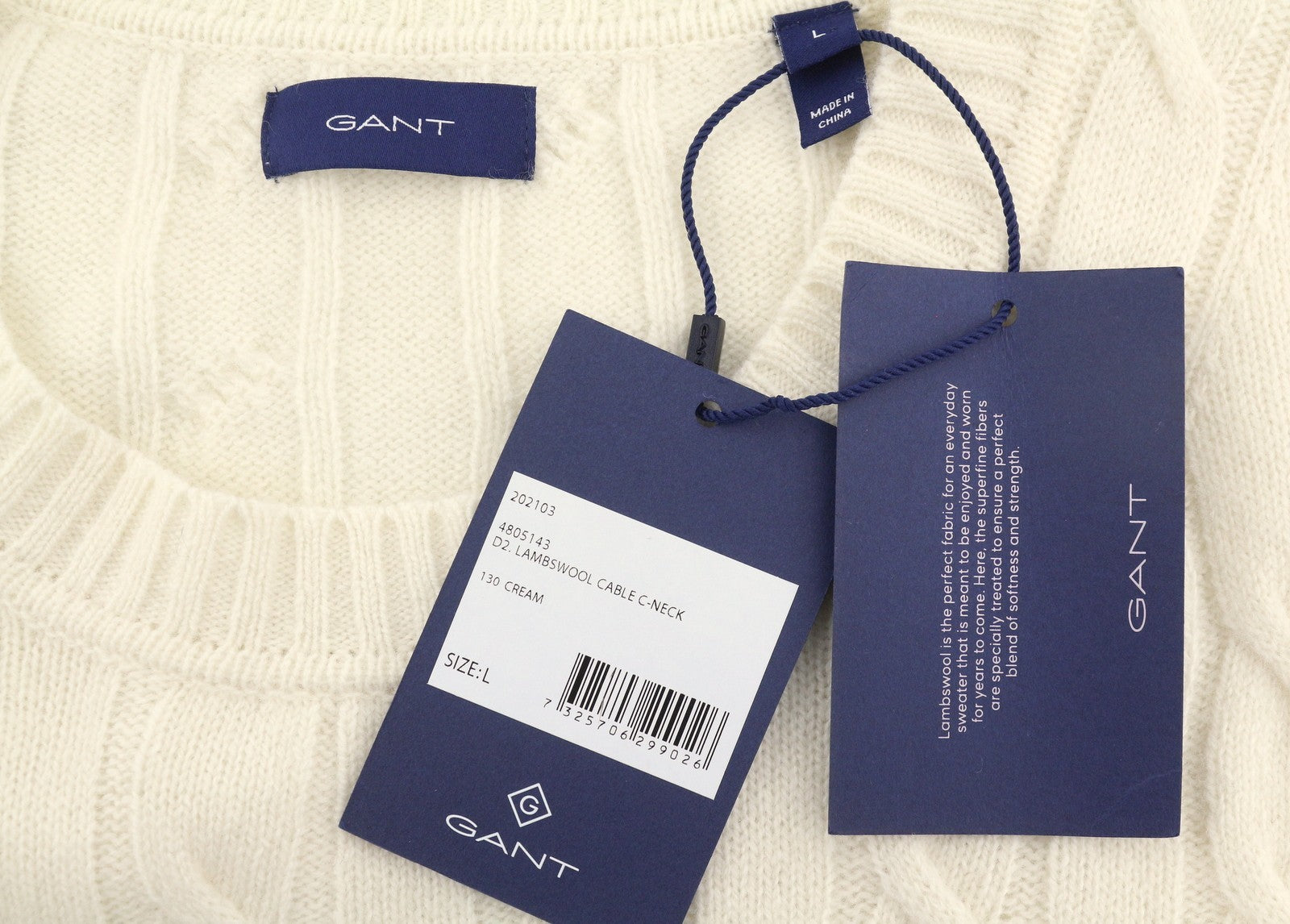 GANT Lambswool Cable C-Neck Women Jumper L Cream Soft Knit Pull On