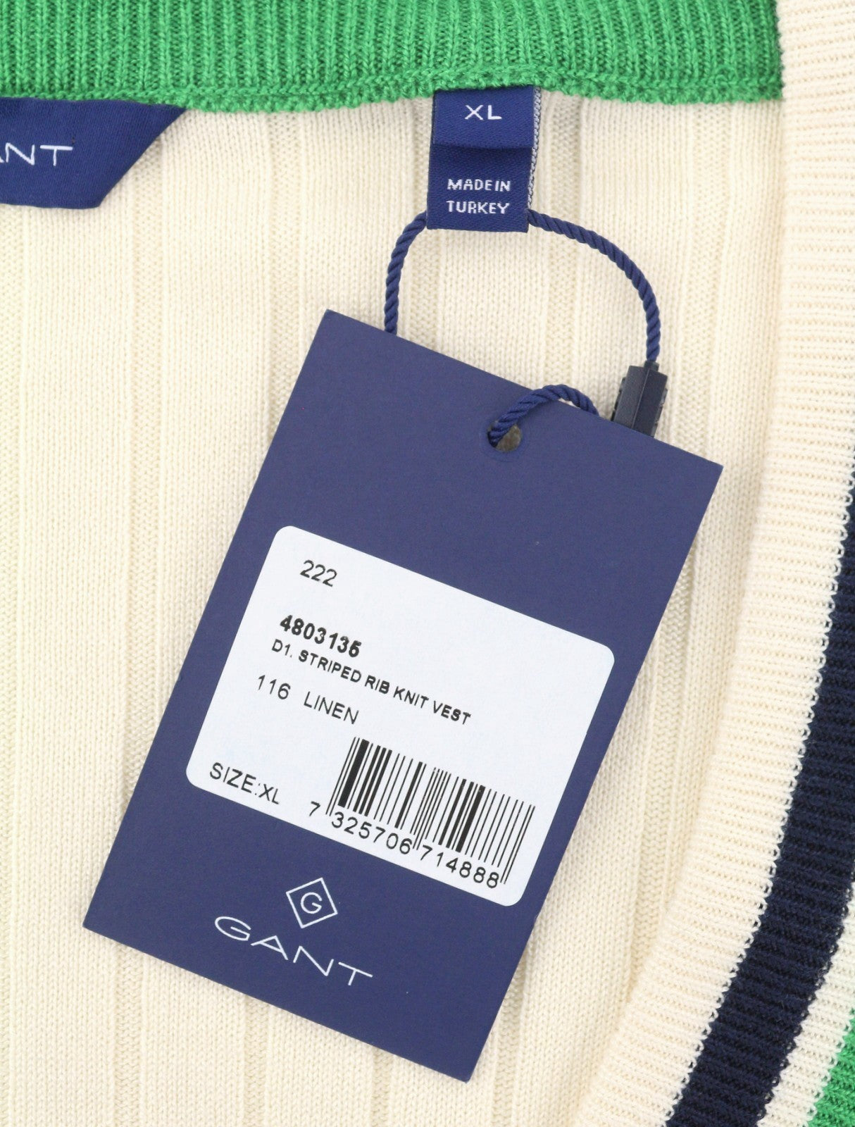 GANT Striped Rib Knit Vest Women Waistcoat XL Cream V-Neck Stretch Knitwear