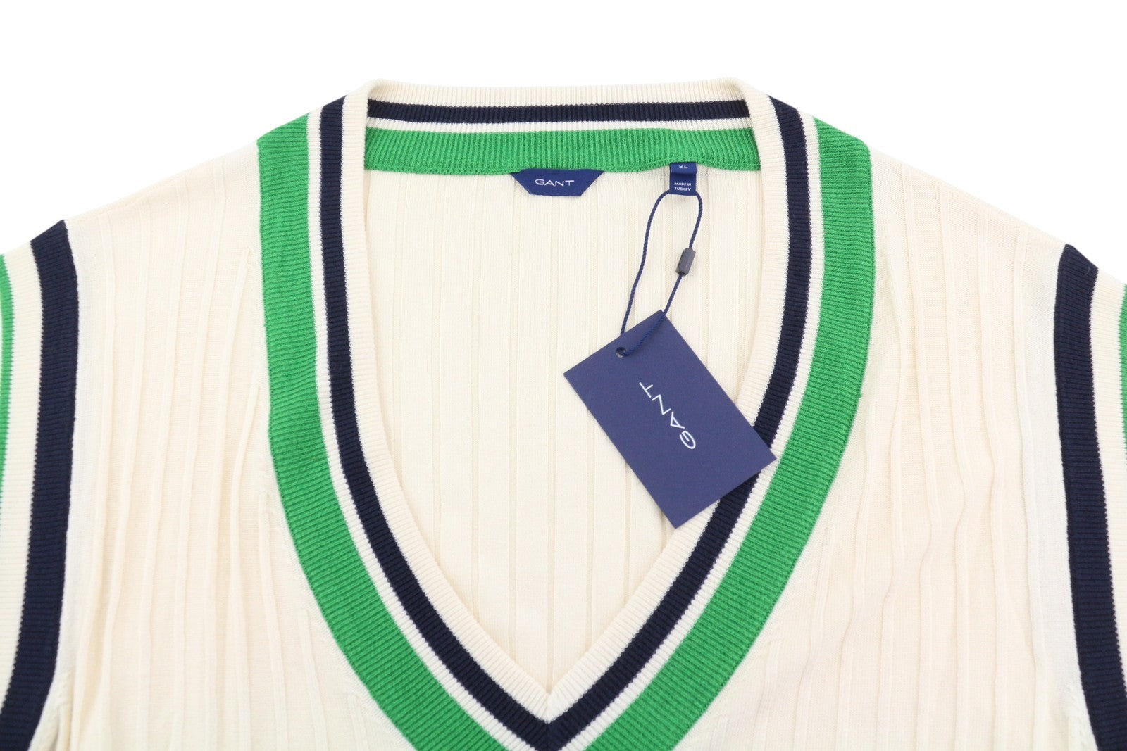 GANT Striped Rib Knit Vest Women Waistcoat XL Cream V-Neck Stretch Knitwear