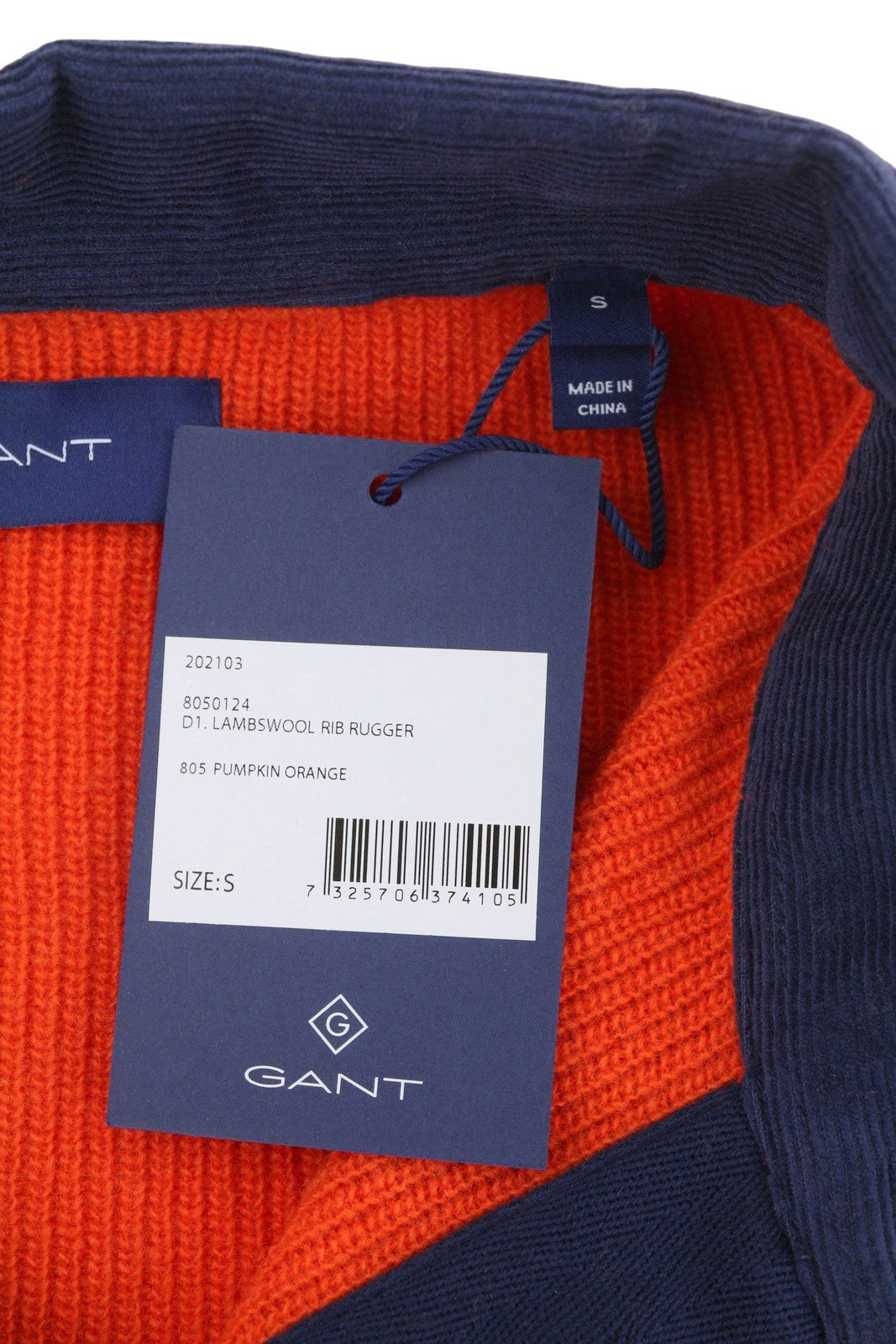 GANT Lambswool Rib Rugger Men Jumper S Pumpkin Orange Knit Sweater