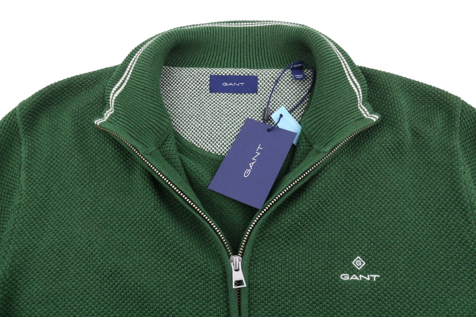 GANT Cotton Pique Zip Cardigan Men Jumper XL Forest Green Melange Zip Knit