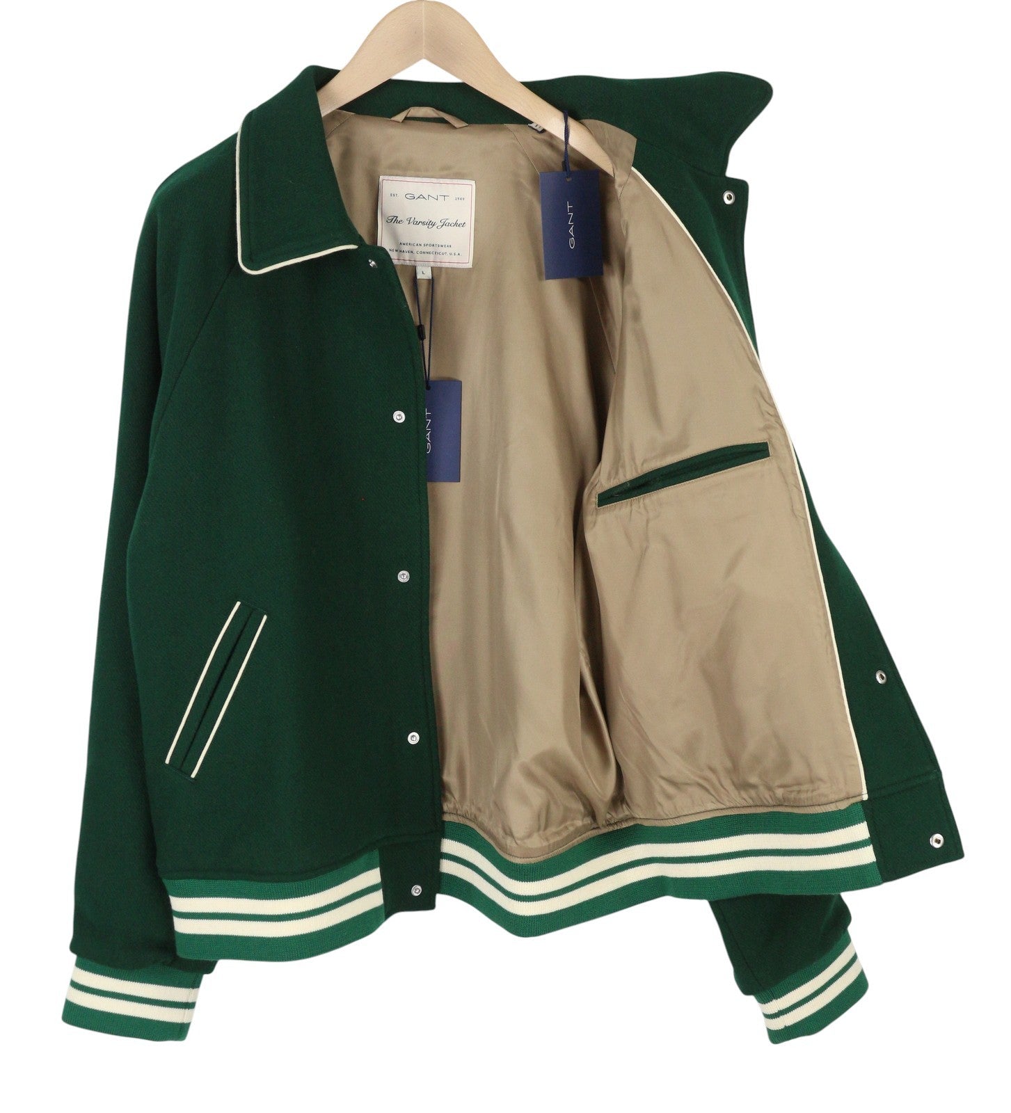 GANT Wool Varsity Men Jacket L Forest Green Snap Button Bomber RRP475