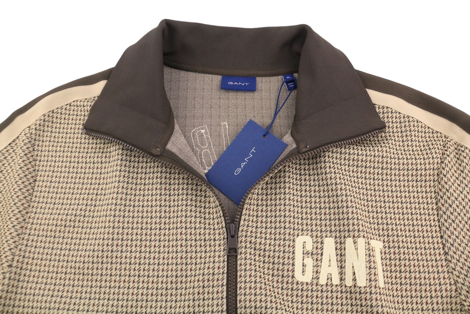 GANT Houndstooth Men Sweatshirt XL Chocolate Brown Zip High Neck RRP180