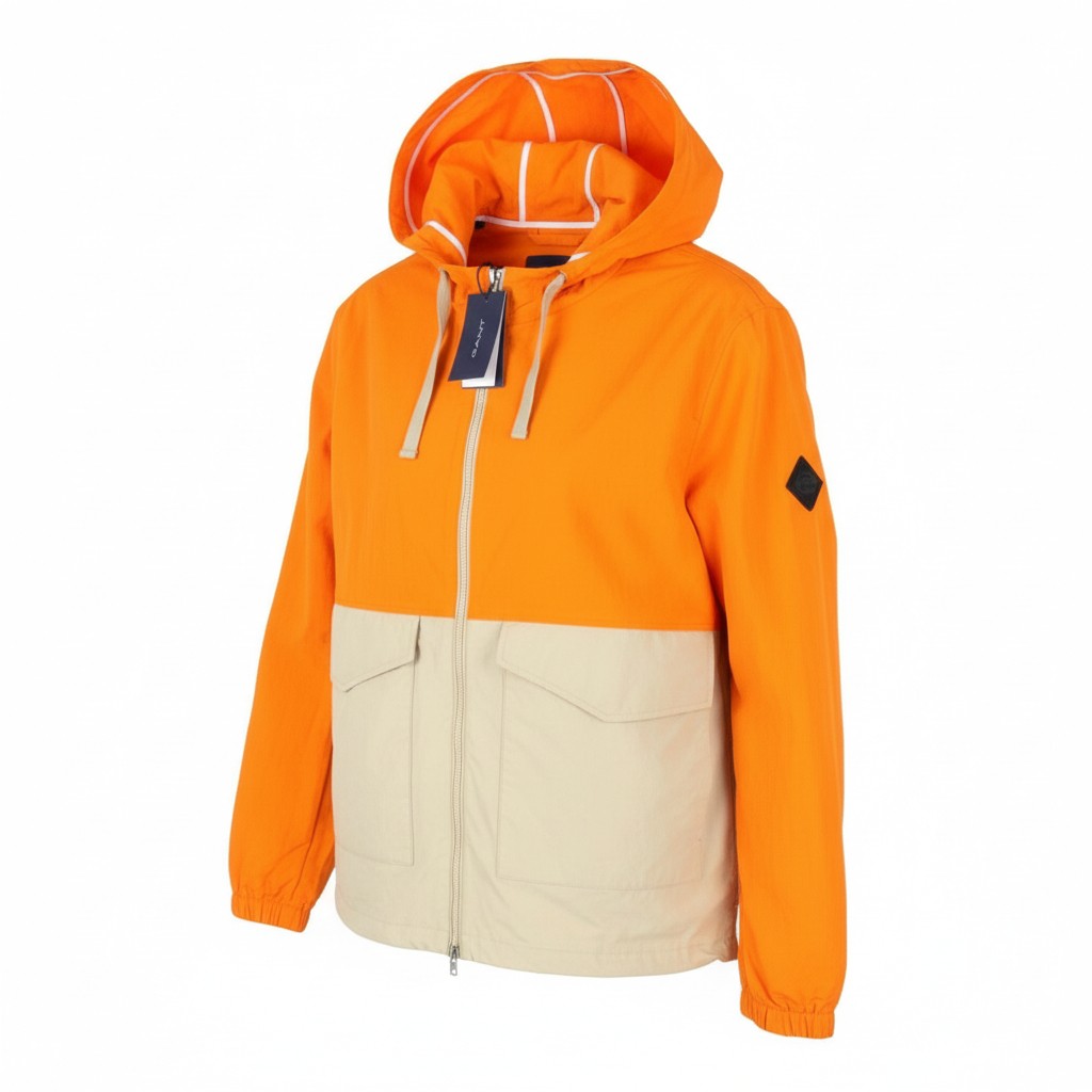 GANT Color Blocked Windbreaker Men Jacket L Dry Sand Hooded Zip Light