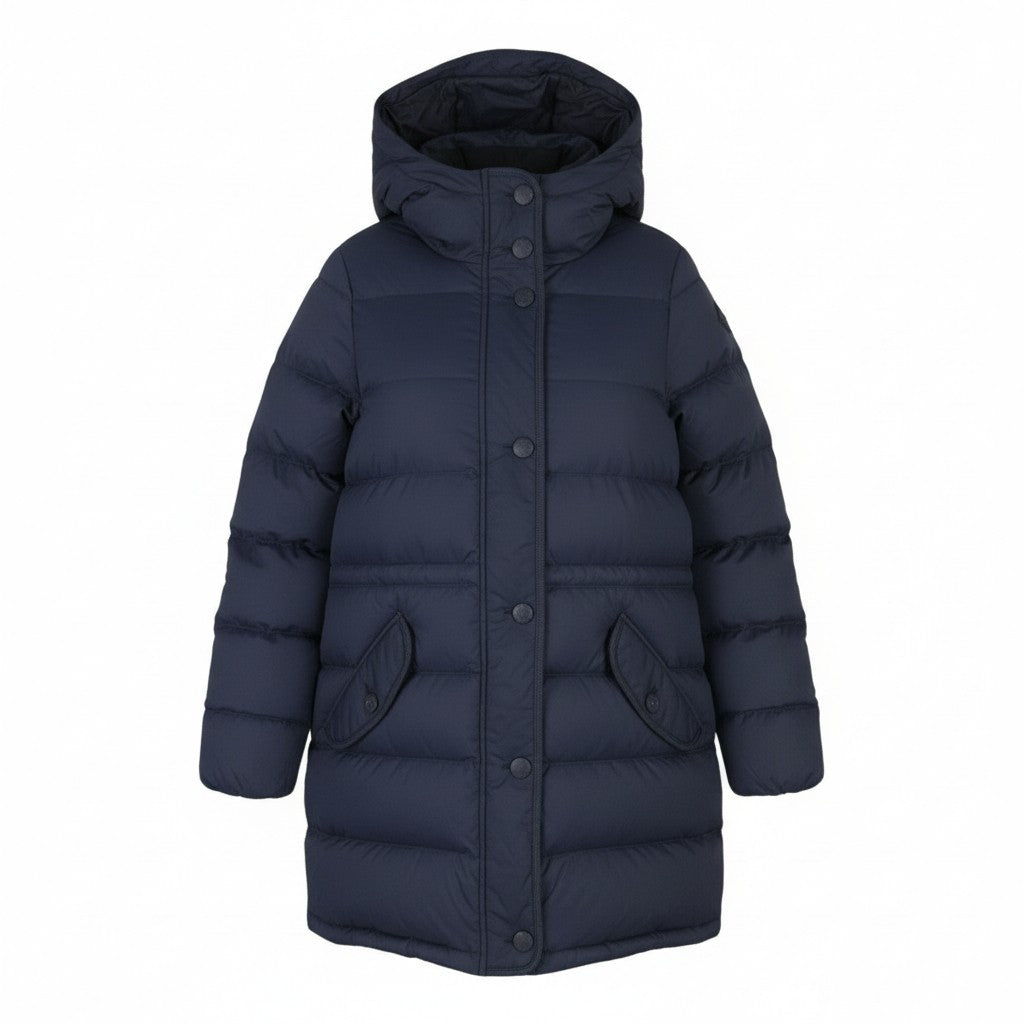 GANT Long Down Women Jacket L Evening Blue Quilted Hooded Mid Coat
