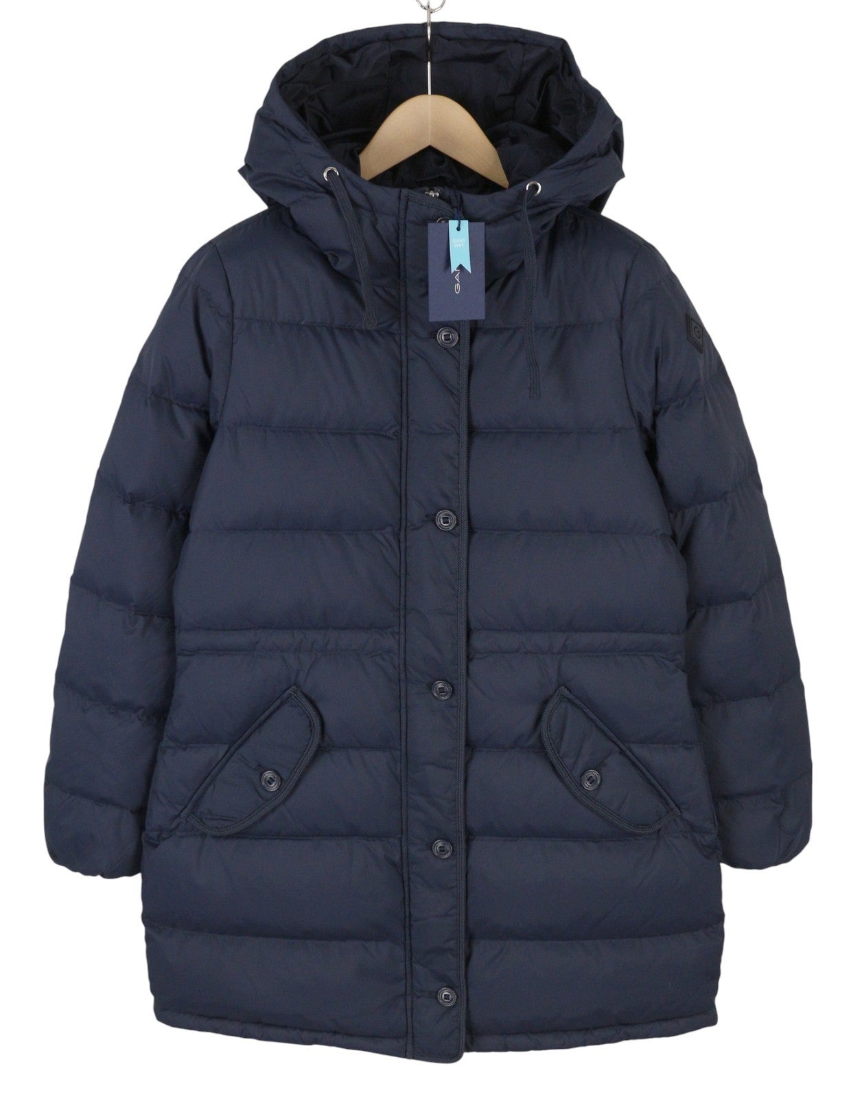 GANT Long Down Women Jacket L Evening Blue Quilted Hooded Mid Coat