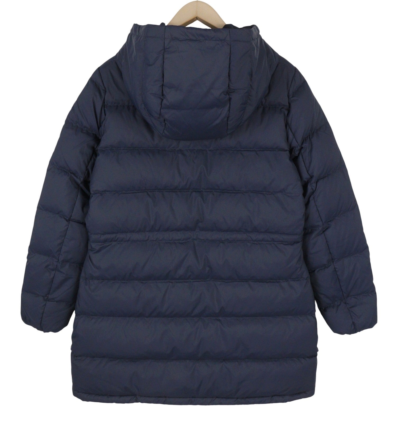 GANT Long Down Women Jacket L Evening Blue Quilted Hooded Mid Coat