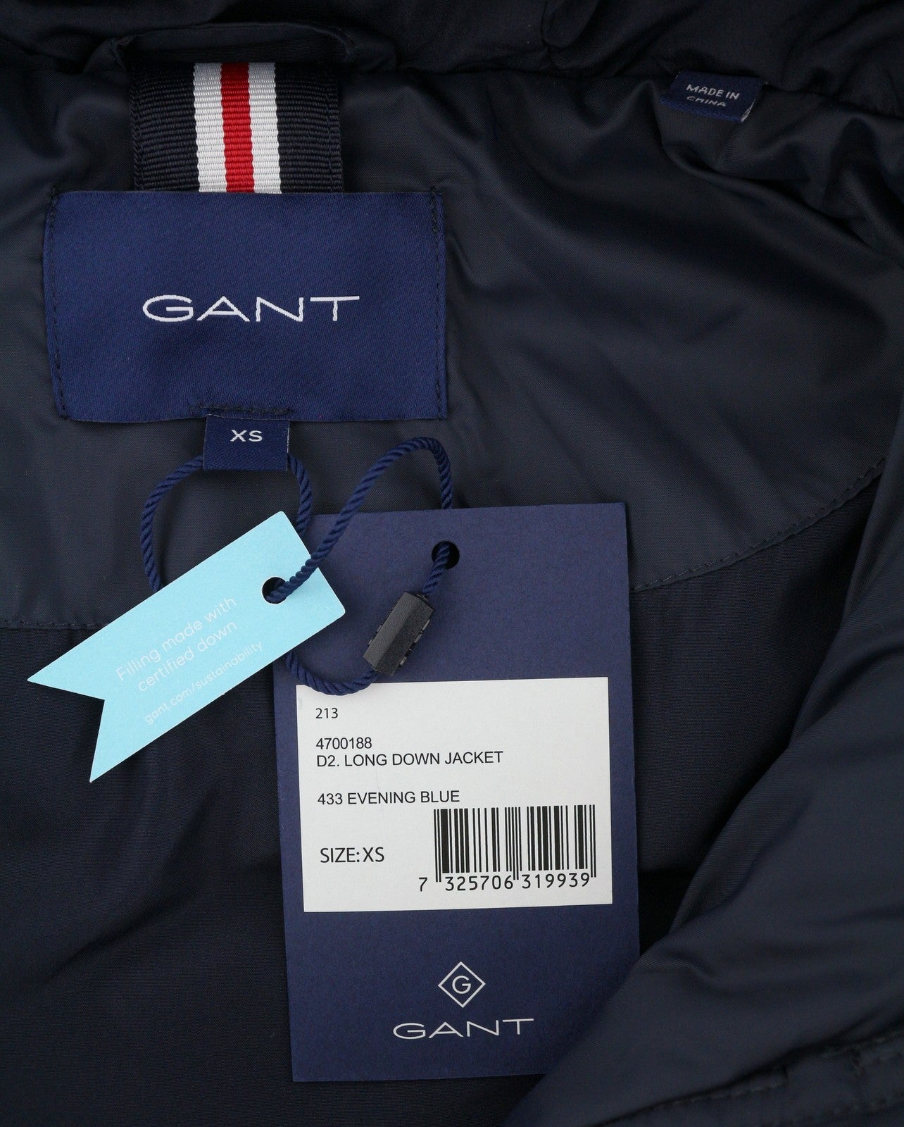 GANT Long Down Women Jacket XS Evening Blue Quilted Hooded Mid Coat