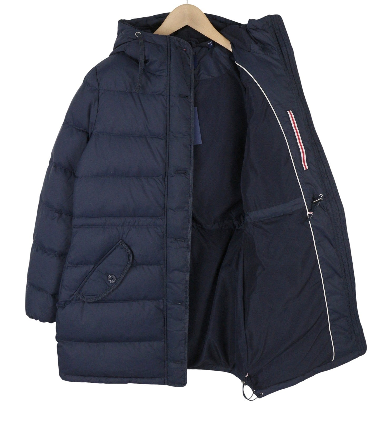 GANT Long Down Women Jacket XS Evening Blue Quilted Hooded Mid Coat