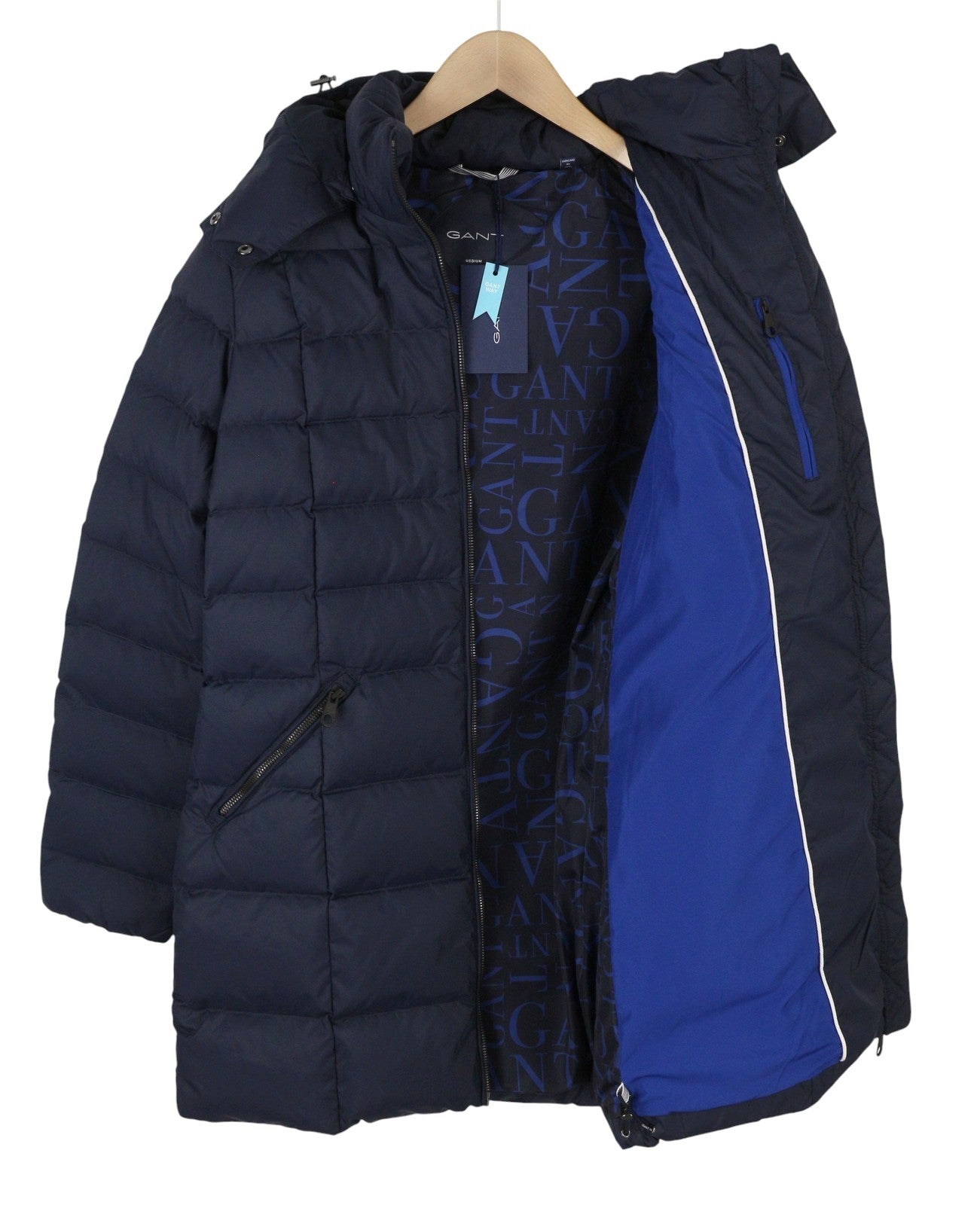 GANT Classic Down Long Women Jacket M Evening Blue Quilted Hood Coat
