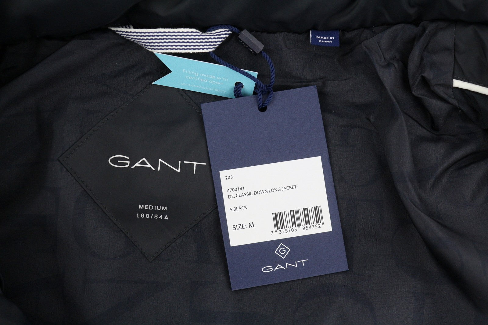 GANT Classic Down Long Women Jacket M Black Quilted Hood Coat