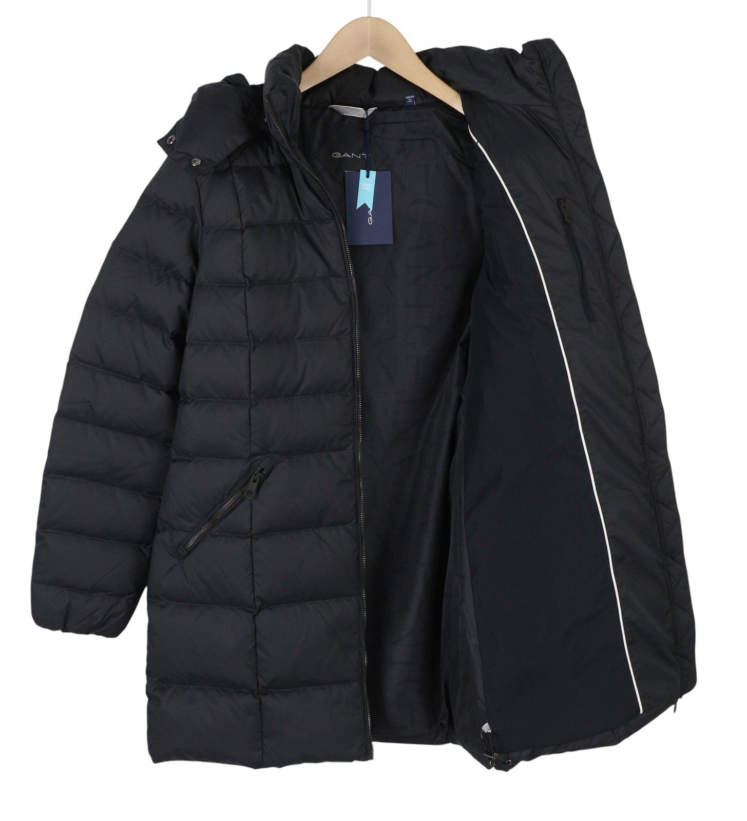 GANT Classic Down Long Women Jacket M Black Quilted Hood Coat