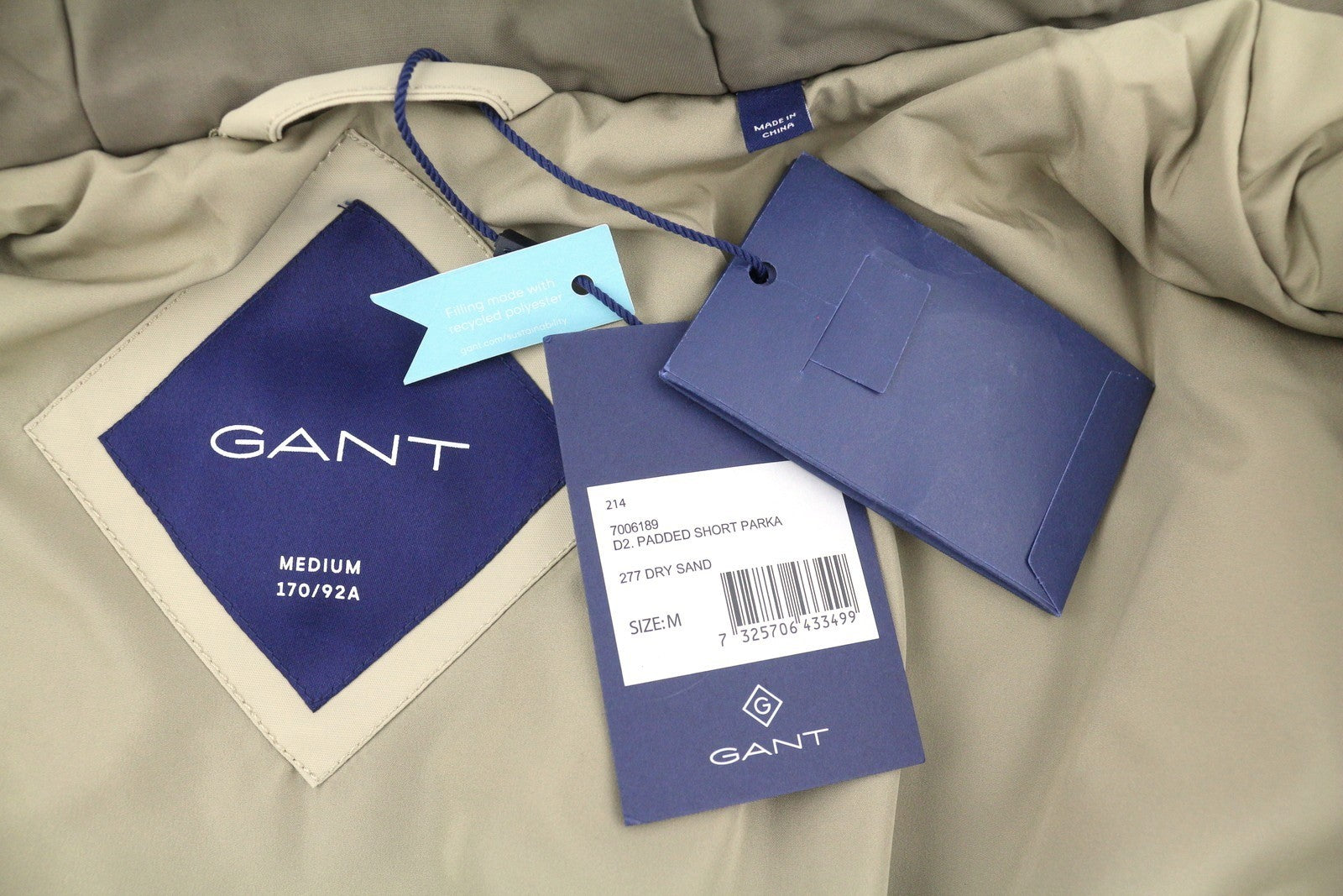 GANT Padded Short Parka Men Jacket M Dry Sand Hooded Zip Coat RRP395