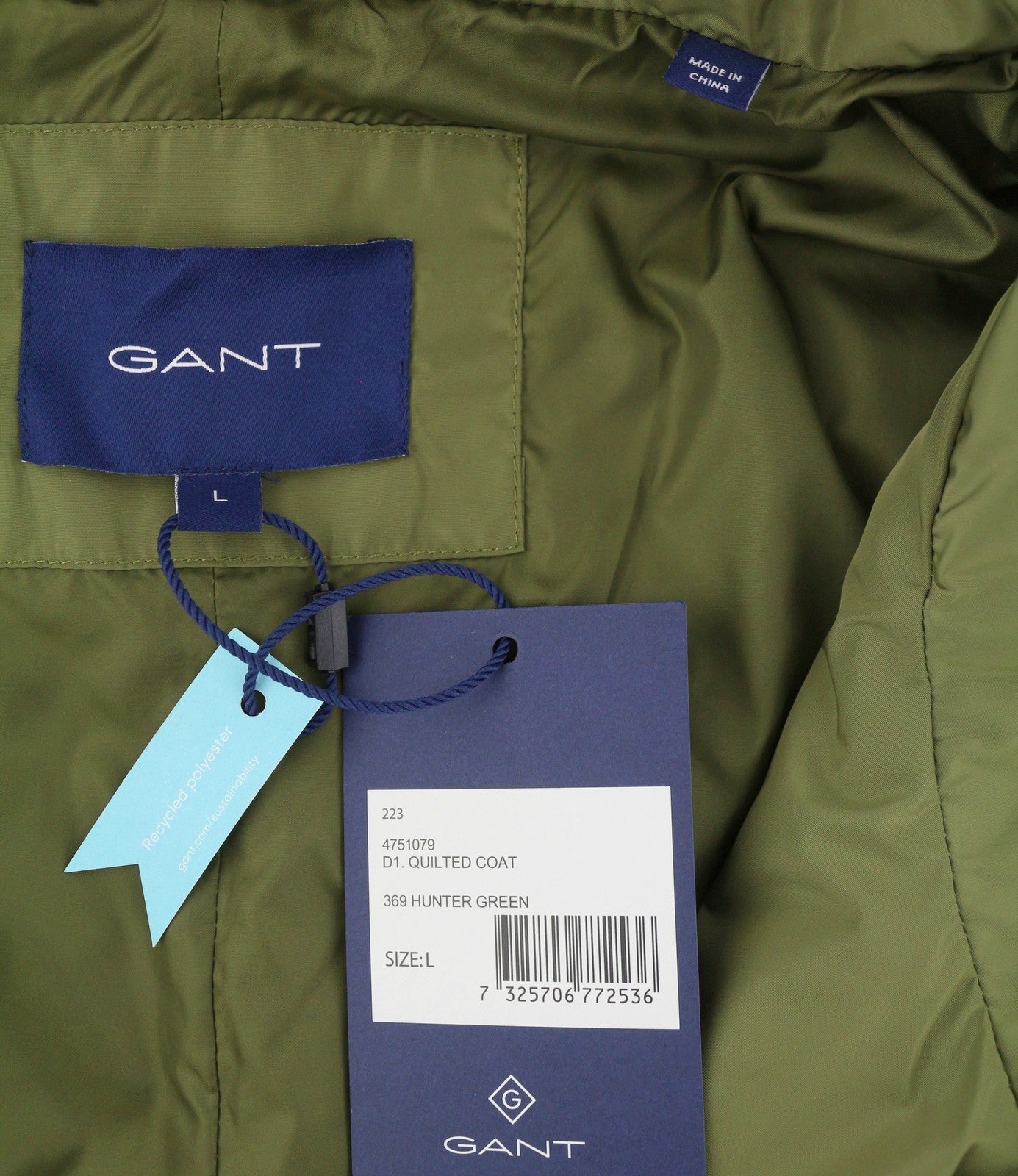 GANT Quilted Women Jacket L Hunter Green Belted Padded Mid Coat