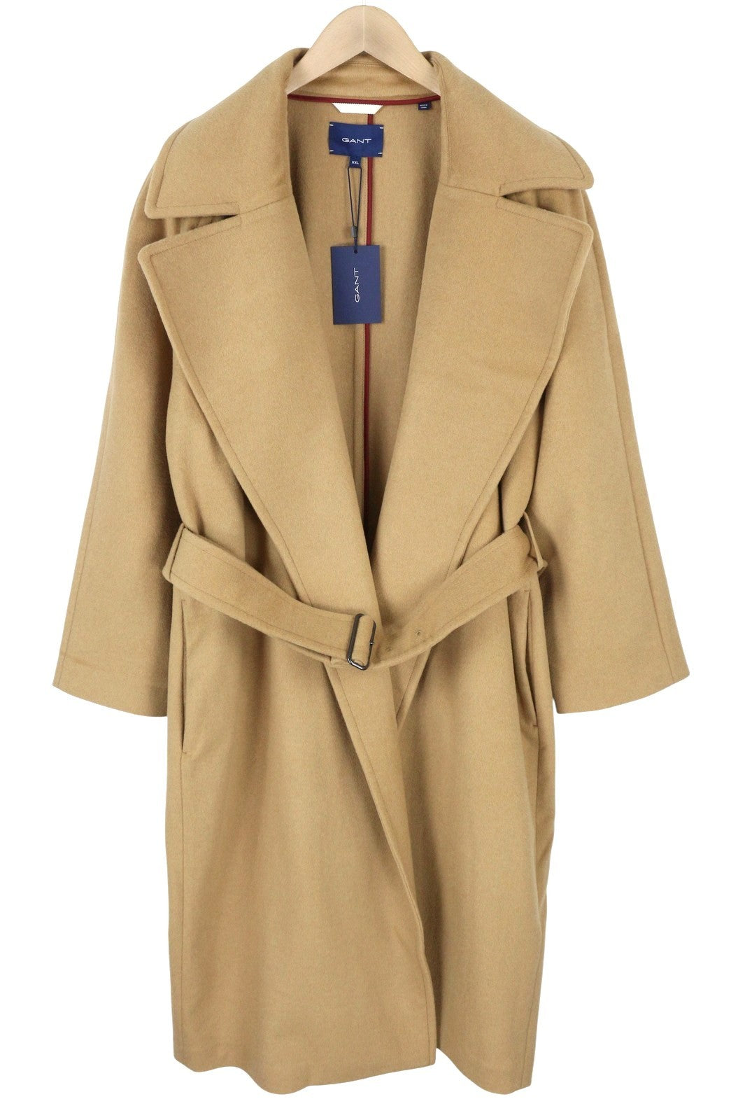 GANT Wool Blend Belted Women Coat 2XL Warm Khaki Notch Lapel Coat