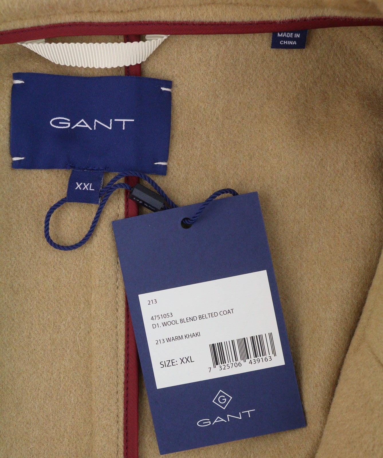 GANT Wool Blend Belted Women Coat 2XL Warm Khaki Notch Lapel Coat