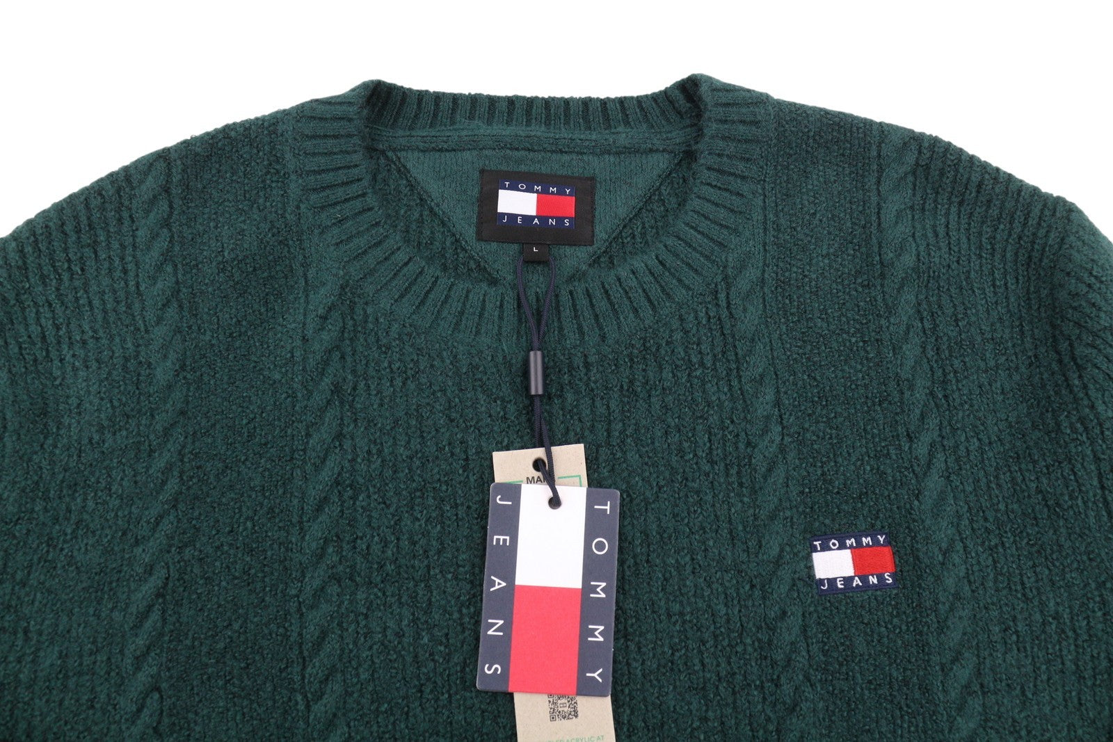 Tommy Jeans Slim Cable Knit Men Jumper L Green Crew Neck Stretch Pull On