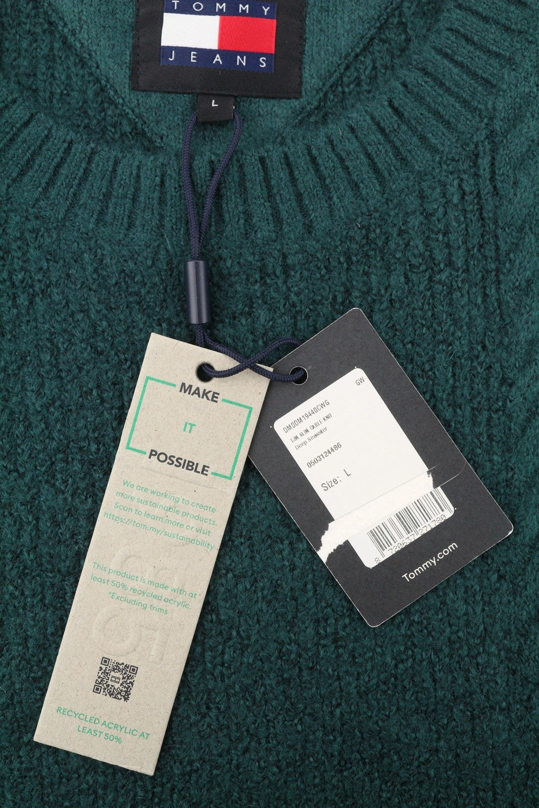 Tommy Jeans Slim Cable Knit Men Jumper L Green Crew Neck Stretch Pull On