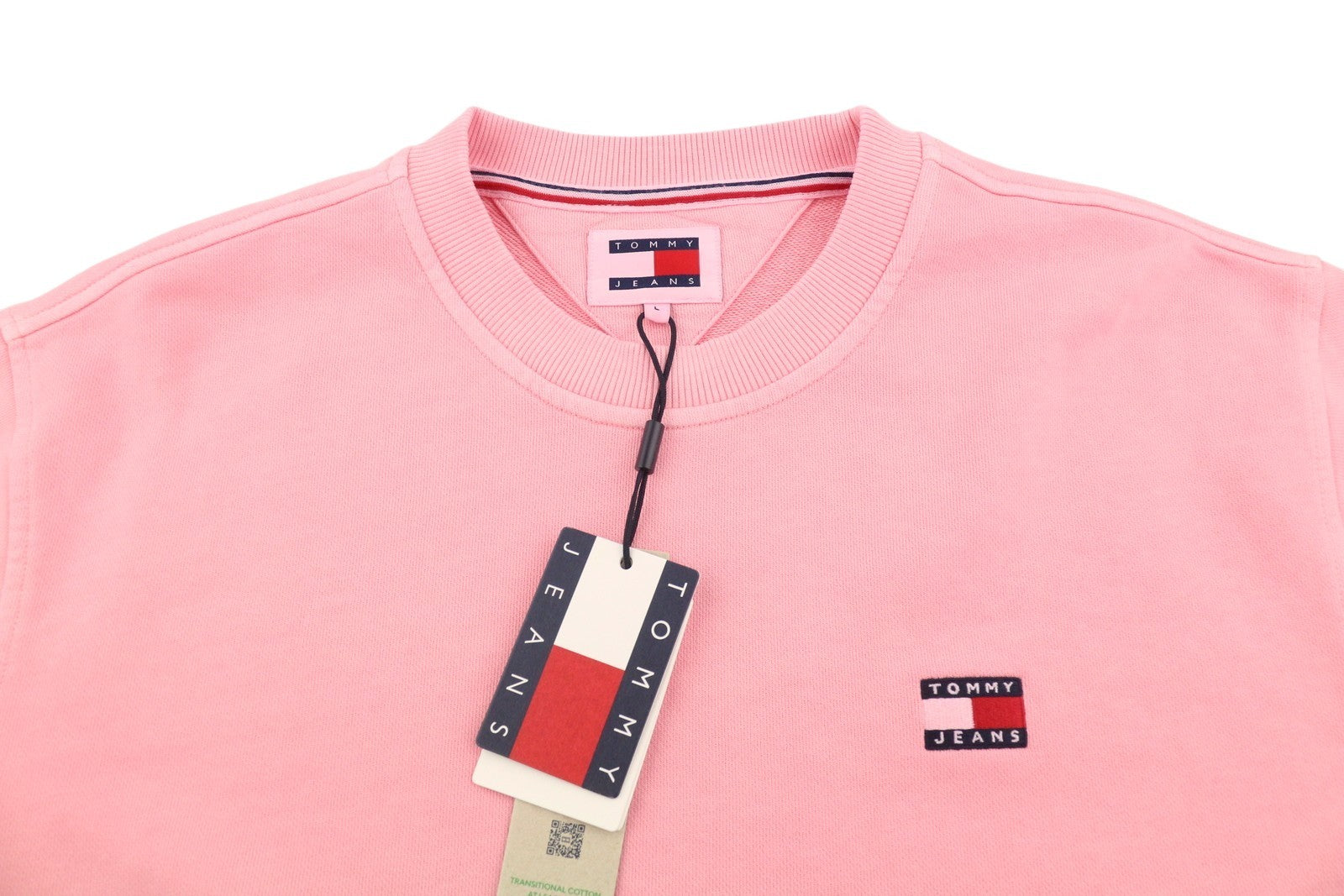 Tommy Jeans Men Sweatshirt L Pink Corron Crew Neck Front Logo Pull On