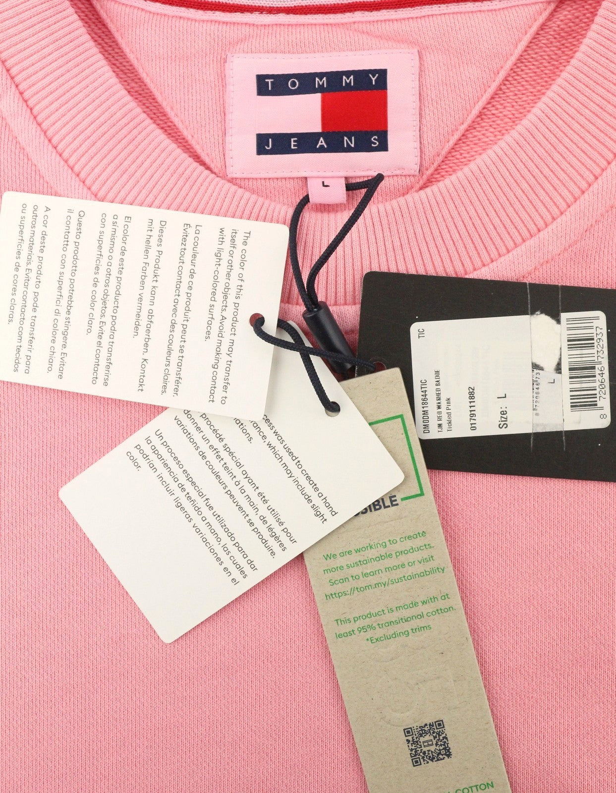Tommy Jeans Men Sweatshirt L Pink Corron Crew Neck Front Logo Pull On