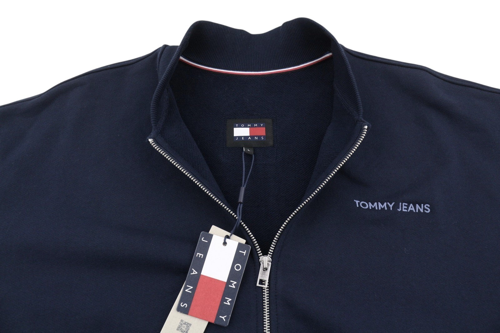 Tommy Jeans Men Sweatshirt L Dark Blue Oversized Bomber Neck Logo Full Zip
