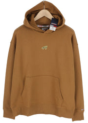Tommy Jeans Men Hoodie L Brown Kangaroo Pocket Hooded Patch Logo Pull On