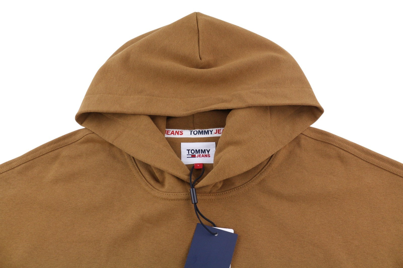 Tommy Jeans Men Hoodie L Brown Kangaroo Pocket Hooded Patch Logo Pull On
