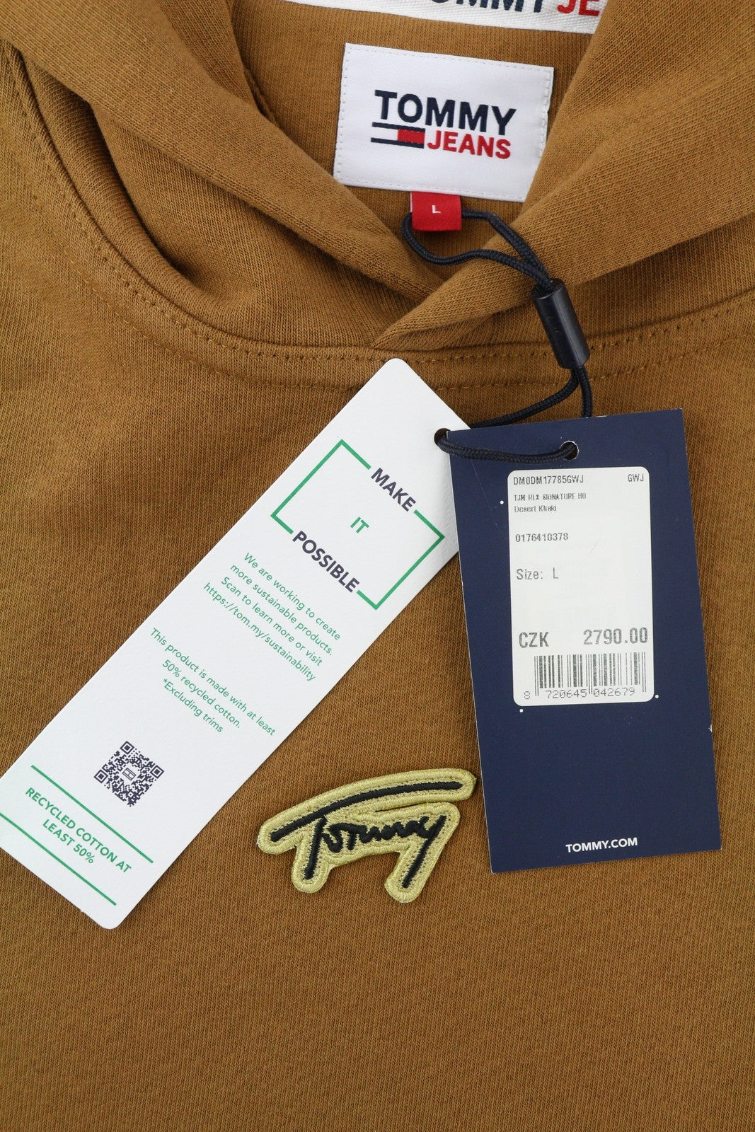 Tommy Jeans Men Hoodie L Brown Kangaroo Pocket Hooded Patch Logo Pull On