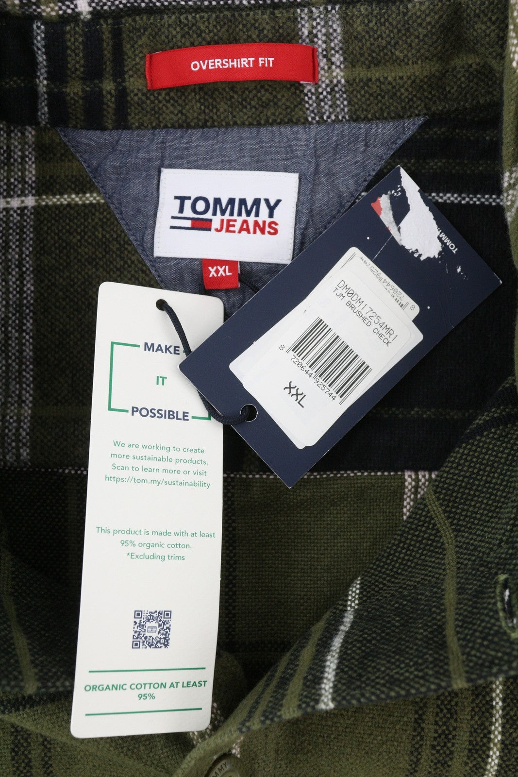 Tommy Jeans Brushed Check Men Shirt 2XL Overshirt Flannel Thick Button Green