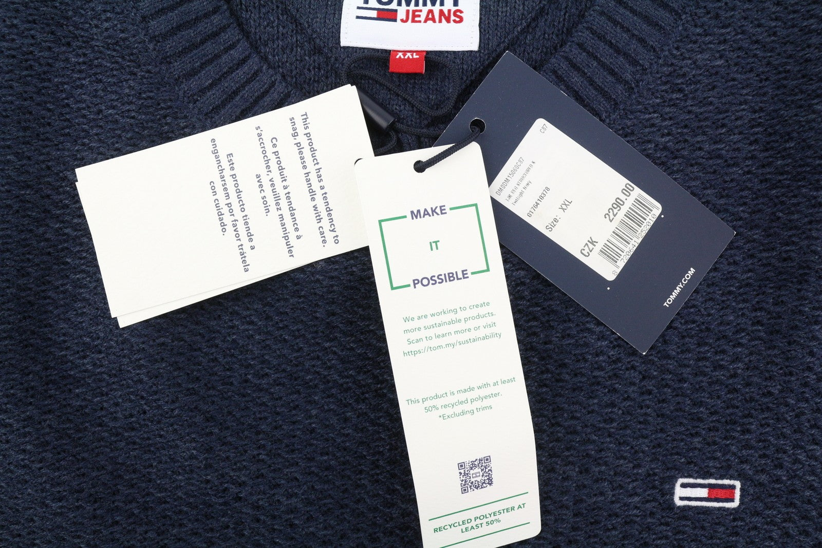 Tommy Jeans Req Structured Men Jumper 2XL Blue Waffle-Knit Crew Neck Pull On