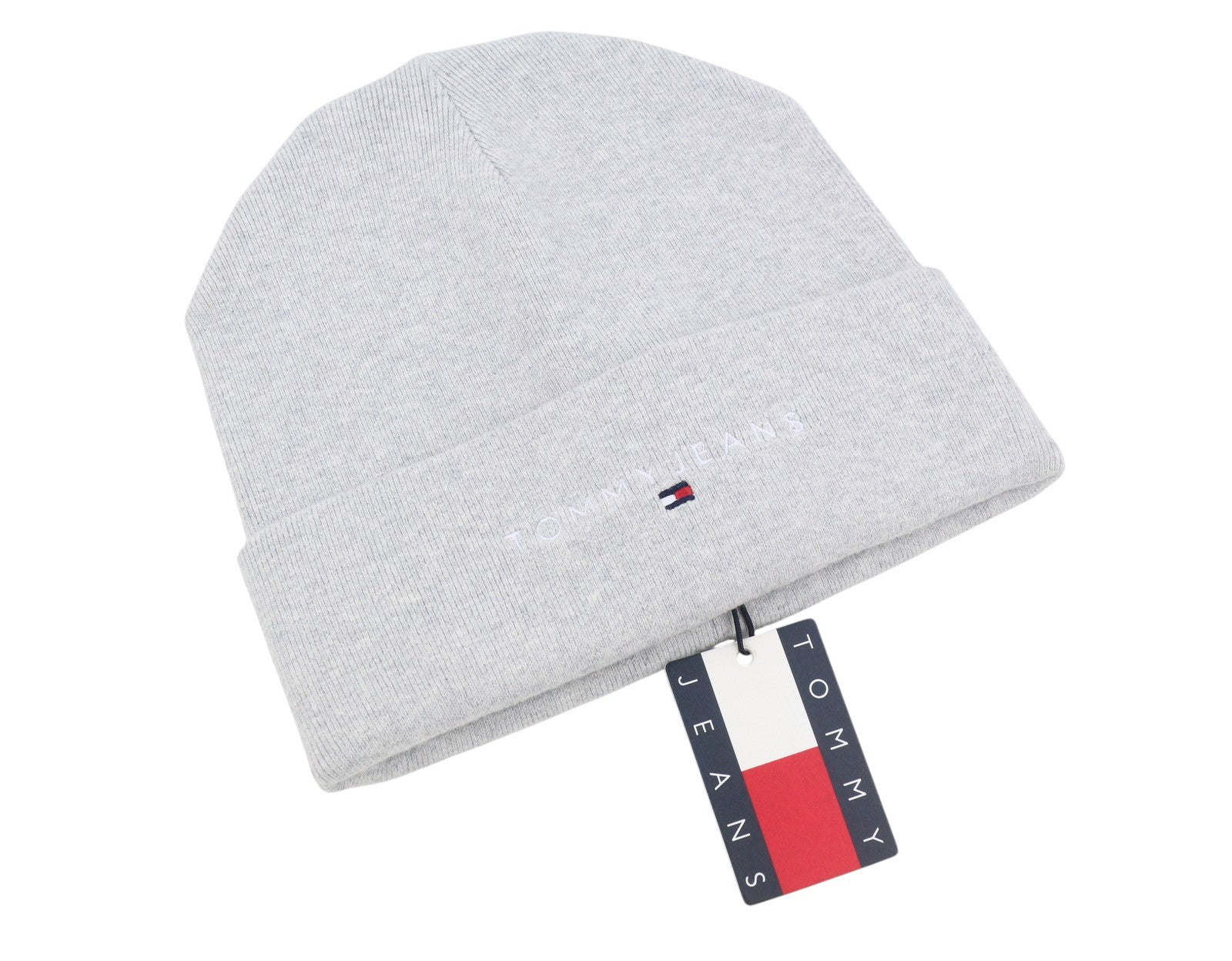 Tommy Jeans Linear Logo Beanie Men Hat OS Grey Melange Tight-Knit Stretch