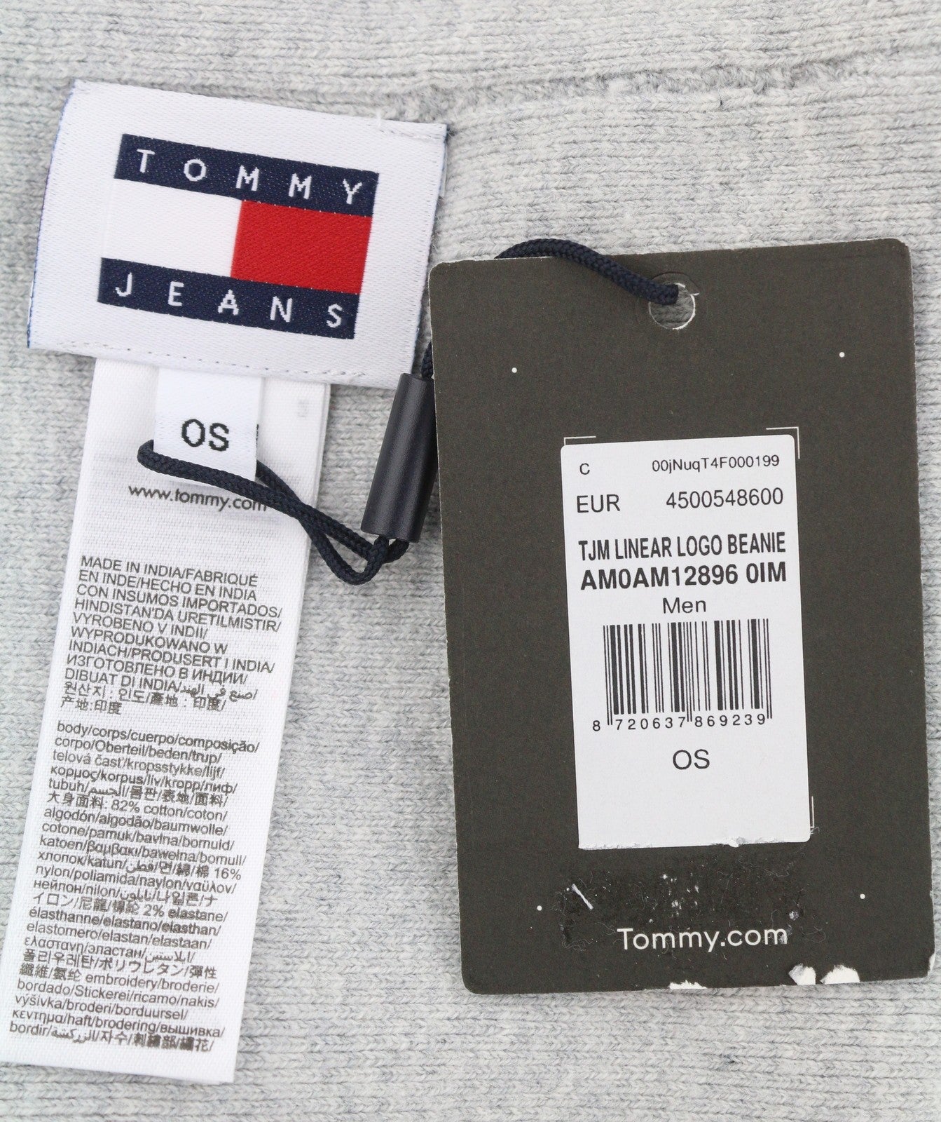 Tommy Jeans Linear Logo Beanie Men Hat OS Grey Melange Tight-Knit Stretch