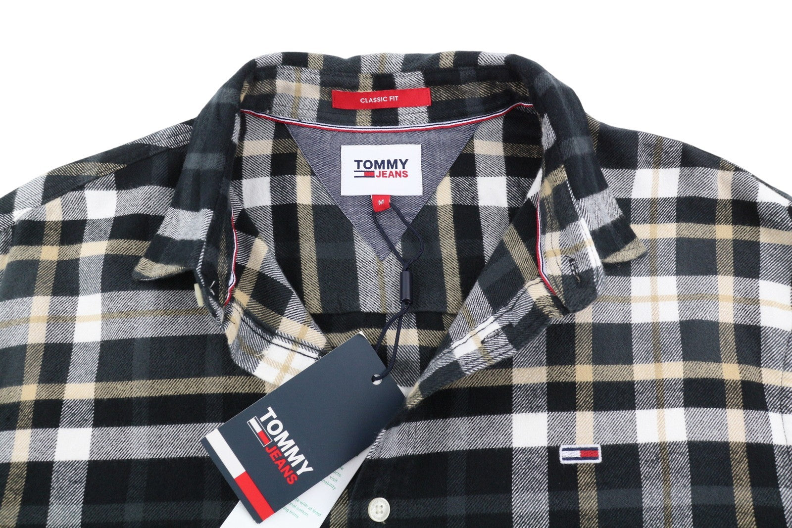 Tommy Jeans Men Shirt M Flannel Plaid Classic Fit Spread Neck Button-Up Logo