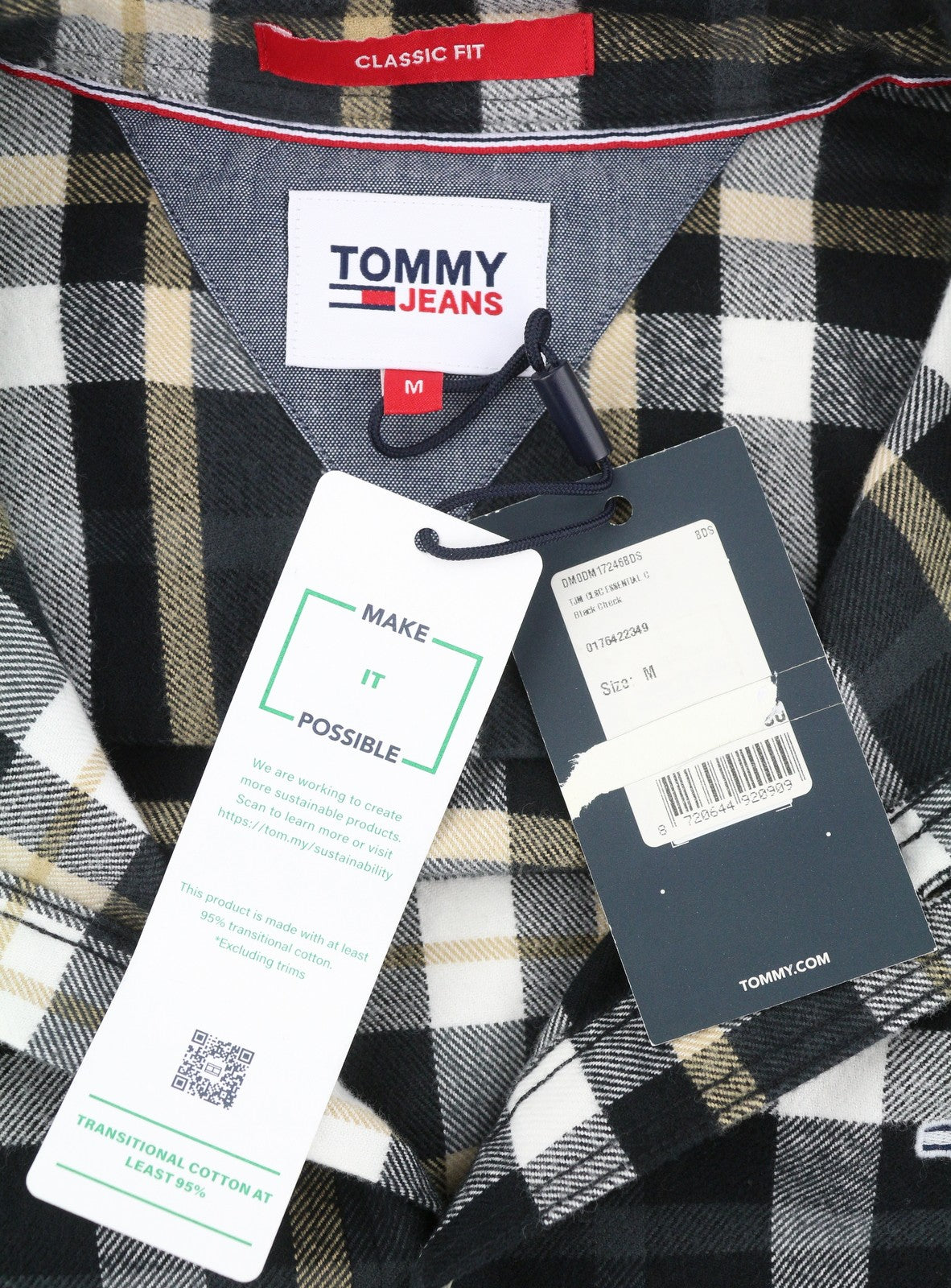 Tommy Jeans Men Shirt M Flannel Plaid Classic Fit Spread Neck Button-Up Logo