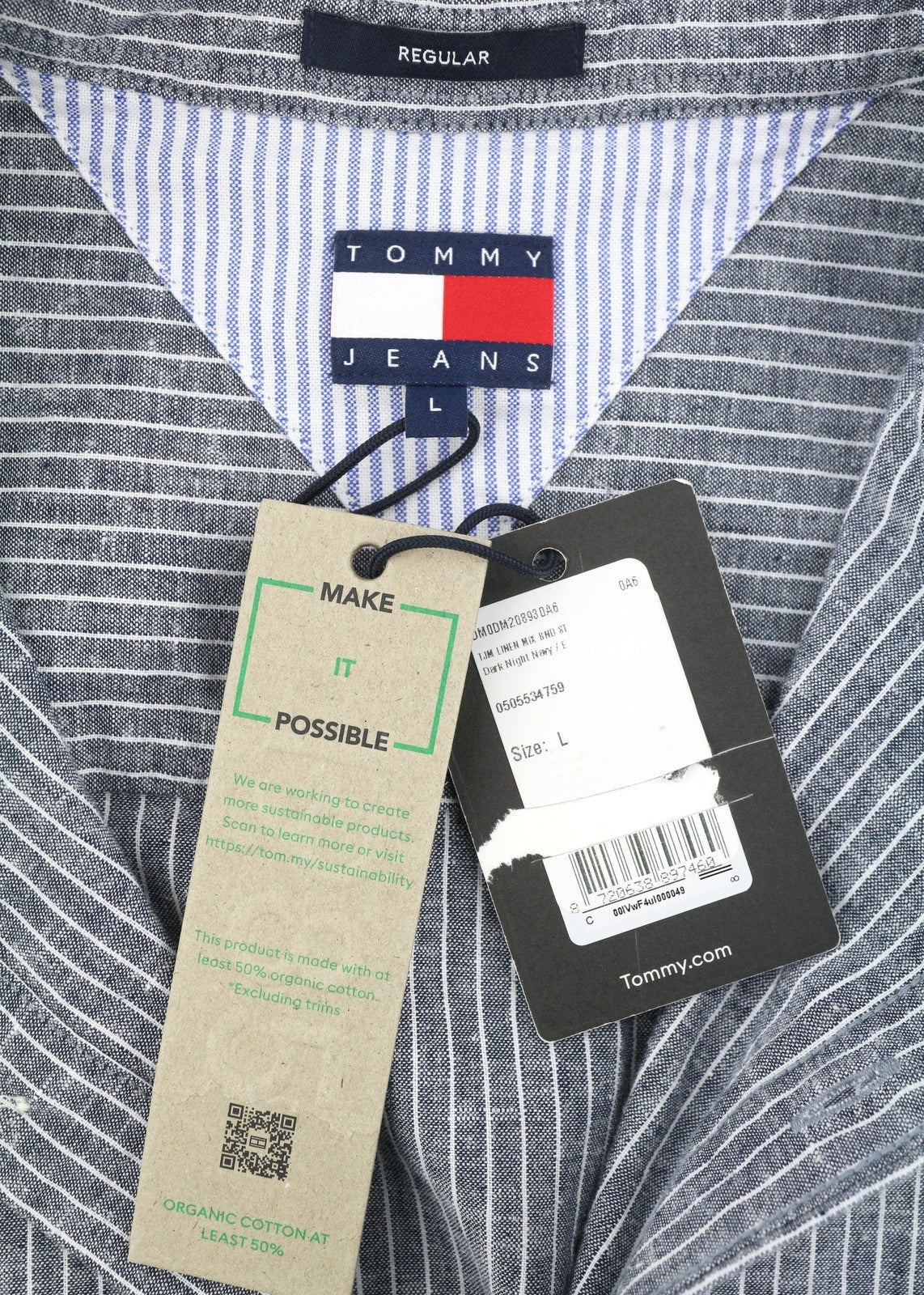 Tommy Jeans Linen Mix Men Shirt L Blue Mandarin Neck Striped Button-Up Casual
