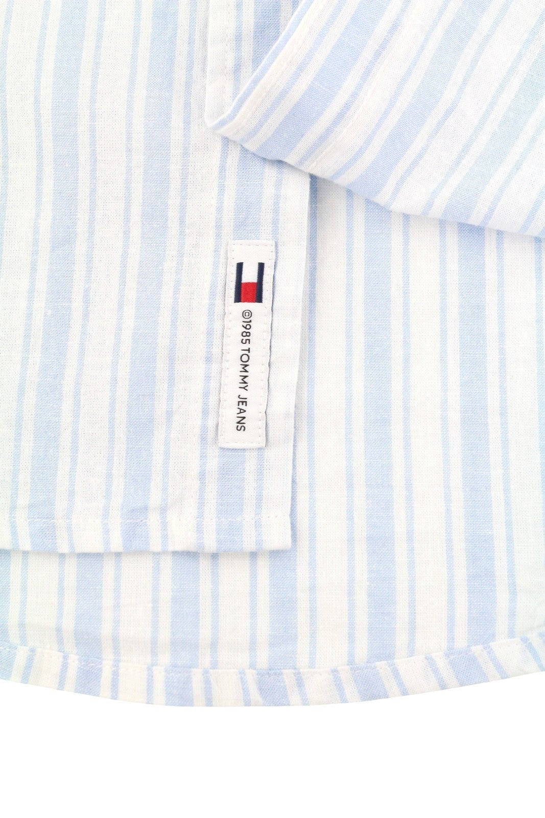 Tommy Jeans Mao Stripe Linen Men Shirt M Blue Mandarin Neck Patch Pocket