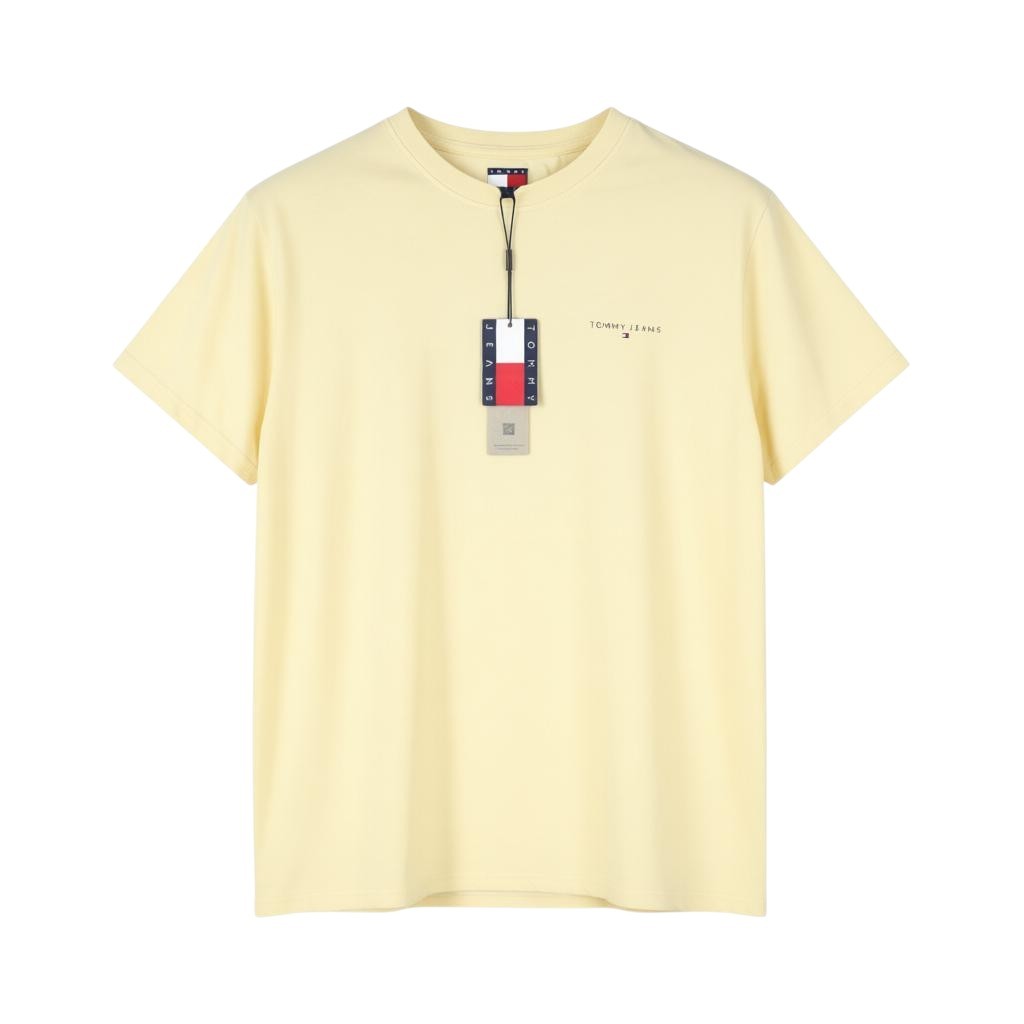 Tommy Jeans Slim Linear Ches Men T-Shirt L Custard Cream Crew Neck Tricot