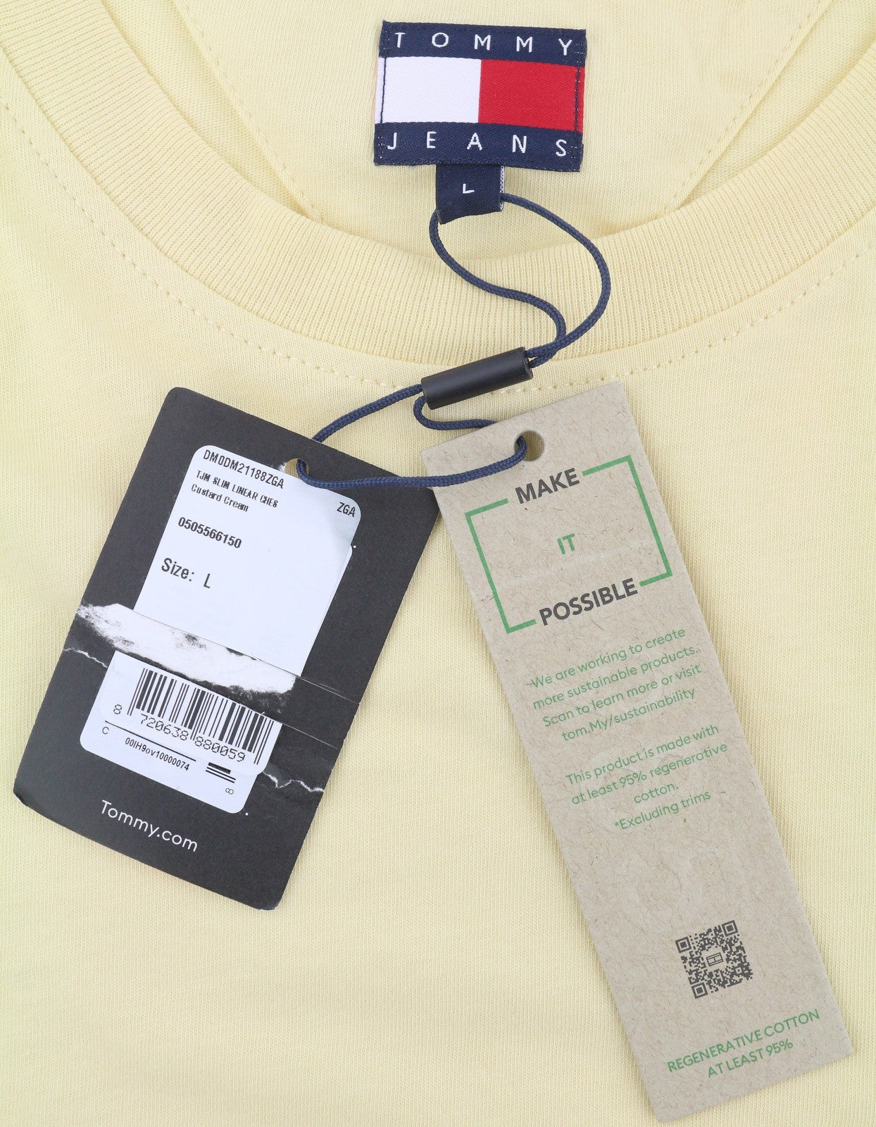 Tommy Jeans Slim Linear Ches Men T-Shirt L Custard Cream Crew Neck Tricot