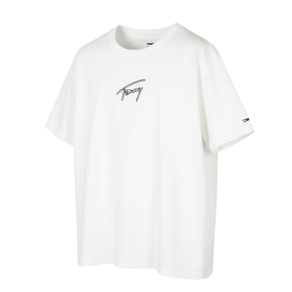 Tommy Jeans Men T-Shirt XL White Crew Neck Front Logo Tricot Short Sleeve