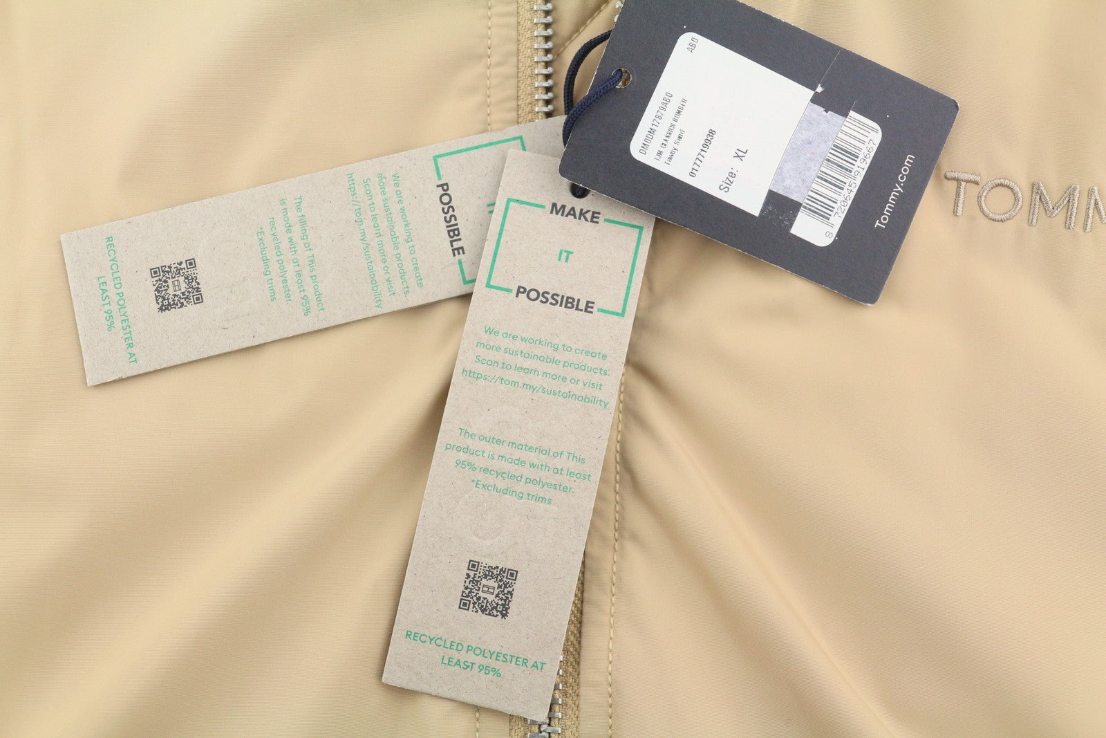 Tommy Jeans Classics Bomber Men Jacket XL Beige Padded Full Zip Bomber RR209