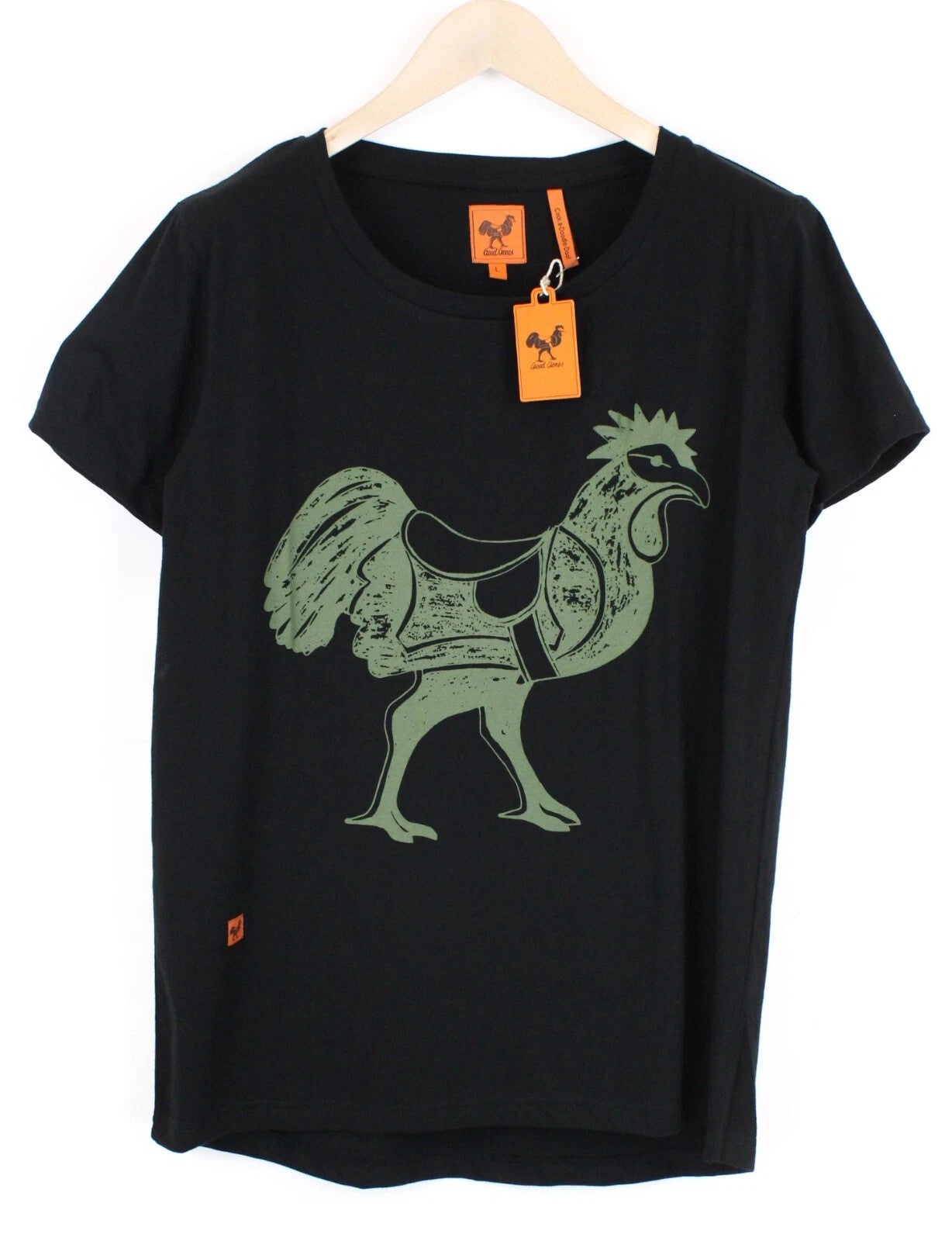 GOOD GENES Men T-Shirt L Rooster Printed Pure Cotton Black Logo Short Sleeve