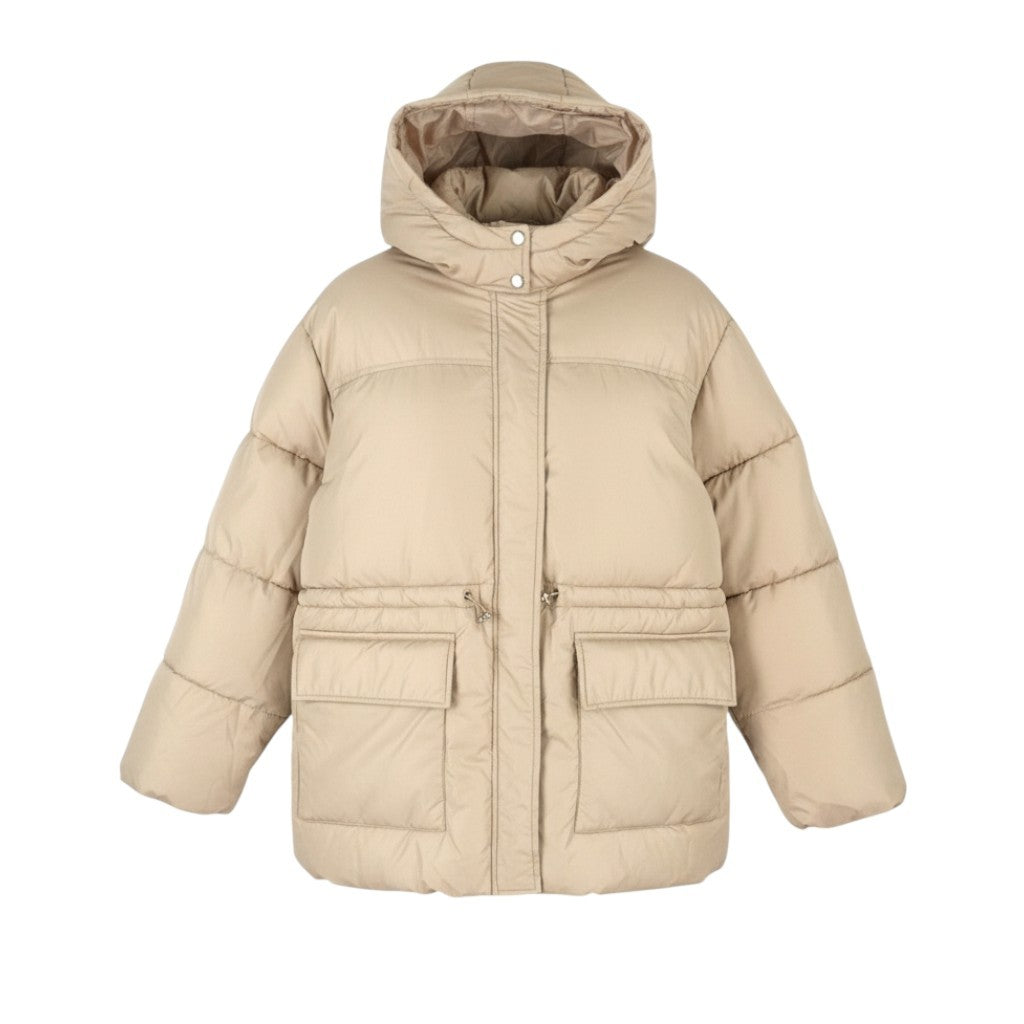 PIECES Louie Short Puffer Women Jacket L Beige Hooded Waist Draw Padded