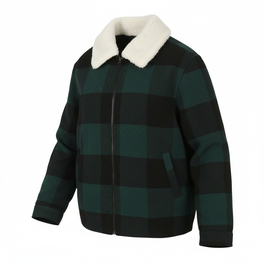ONLY & SONS Ron Check Men Jacket XL Green Wool Blend Sherpa Neck Removable