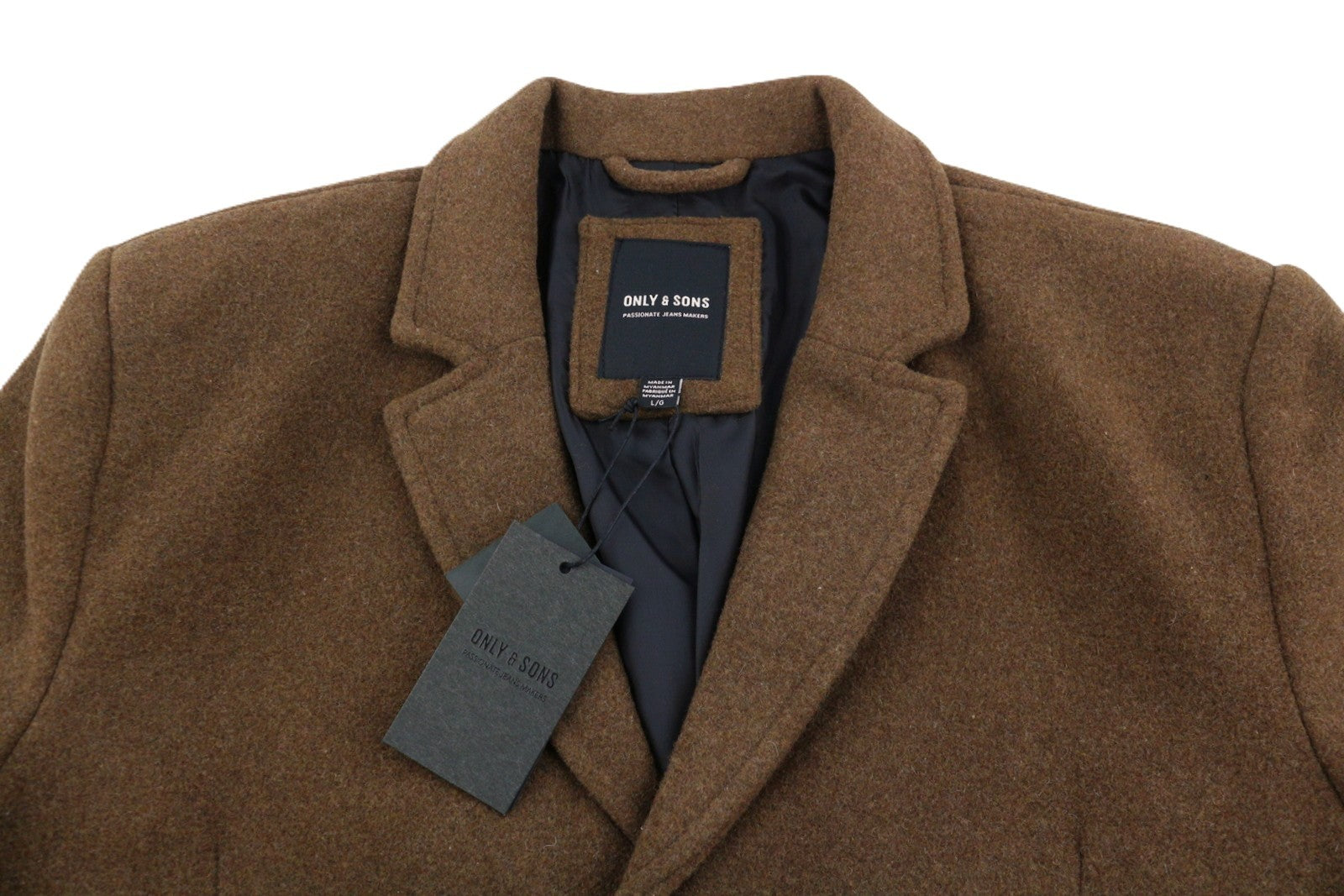 ONLY & SONS Justin Wool Men Coat L Brown Melange Notch Lapel Lined Button-Up